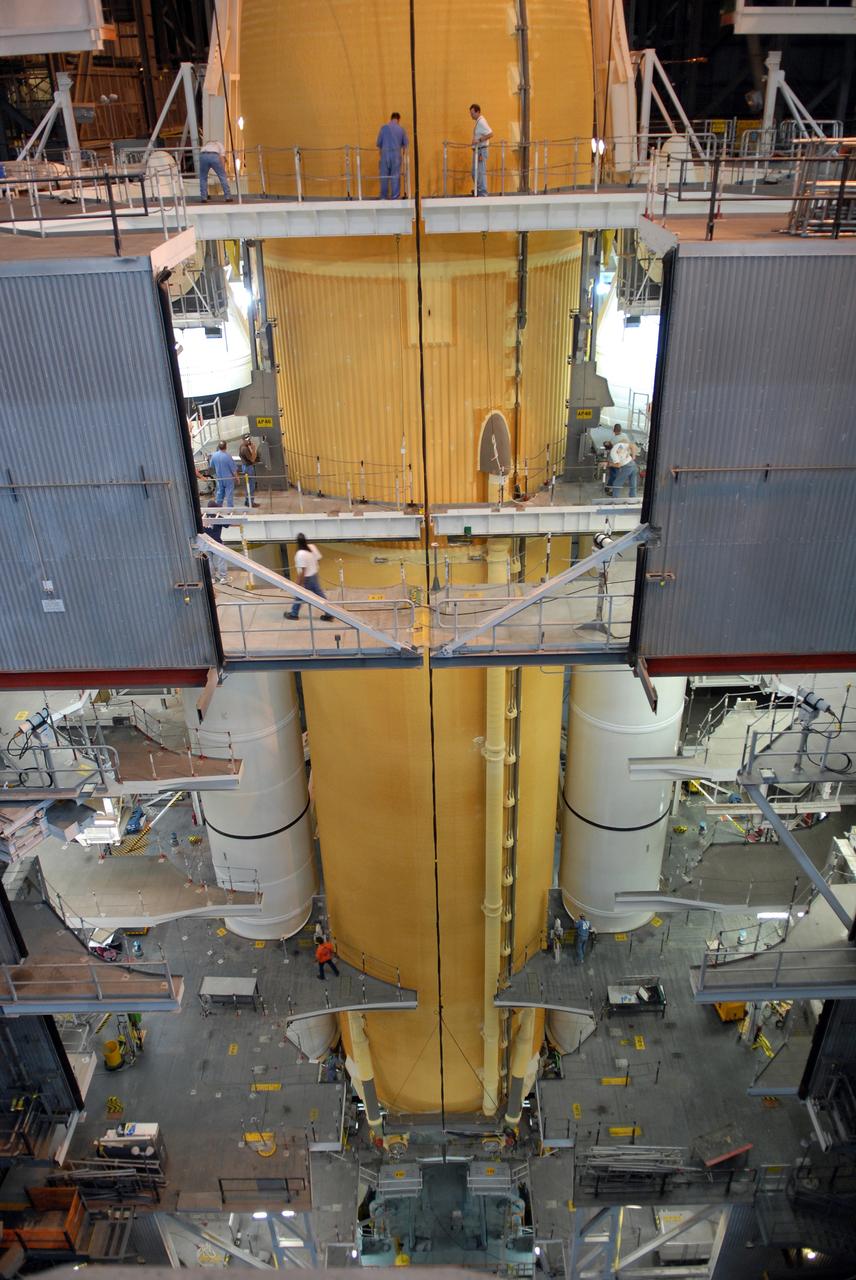 CAPE CANAVERAL, Fla. – The external fuel tank for space shuttle Atlantis' STS-129 mission is ready for assembly with the solid rocket boosters stacked on the mobile launch platform in NASA Kennedy Space Center's Vehicle Assembly Building. The STS-129 mission is targeted to launch Nov. 12 on an 11-day supply mission to the International Space Station. Photo credit: NASA/Jim Grossmann