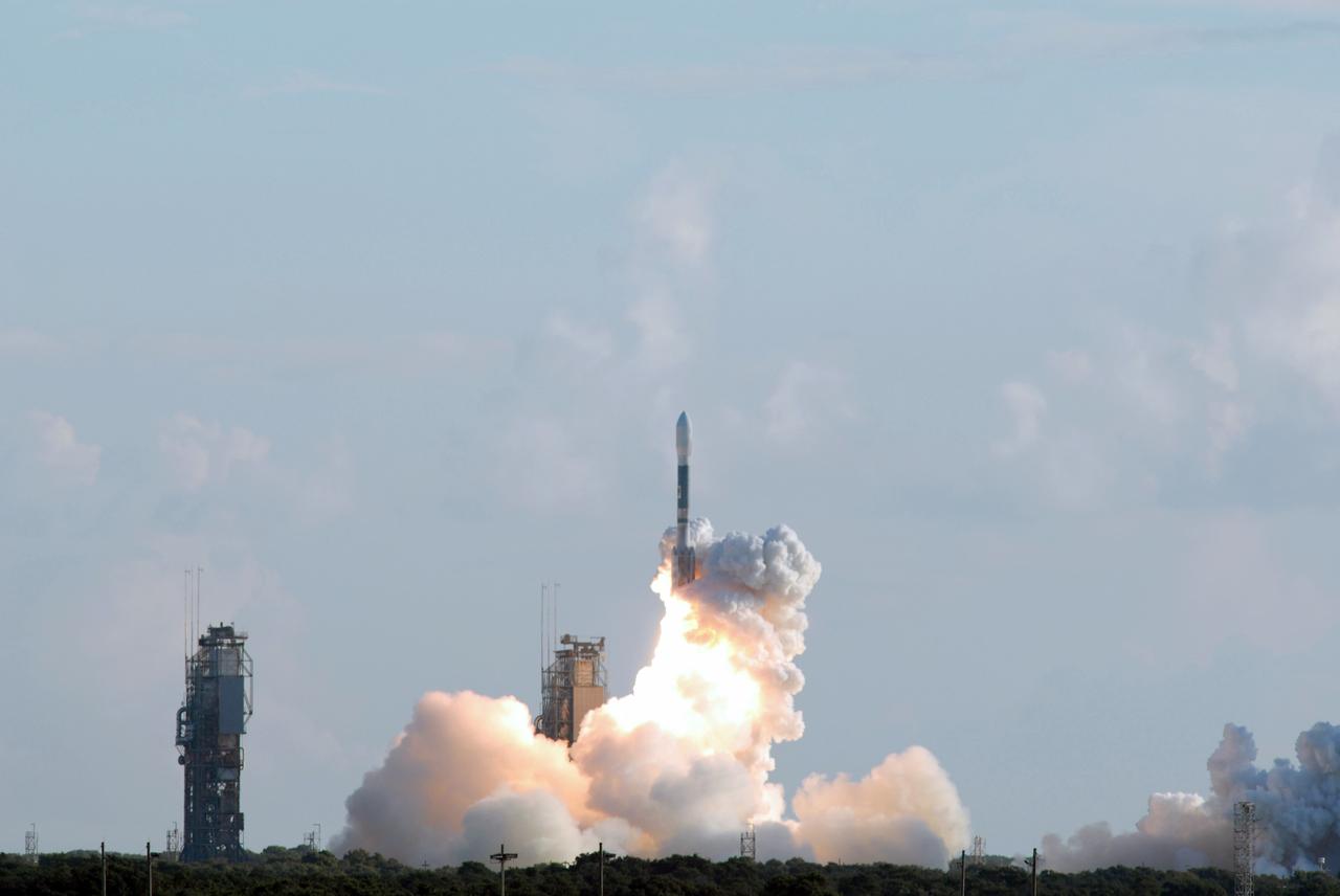 CAPE CANAVERAL, Fla. – The Space Tracking and Surveillance System - Demonstrator, or STSS-Demo,  spacecraft lifts off through a cloud of smoke from Launch Pad 17-B at Cape Canaveral Air Force Station aboard a United Launch Alliance Delta II rocket. It was launched by NASA for the U.S. Missile Defense Agency. Launch was at 8:20:22 a.m. EDT.  The STSS-Demo is a space-based sensor component of a layered Ballistic Missile Defense System designed for the overall mission of detecting, tracking and discriminating ballistic missiles. STSS is capable of tracking objects after boost phase and provides trajectory information to other sensors. Photo credit: NASA/Alan Ault