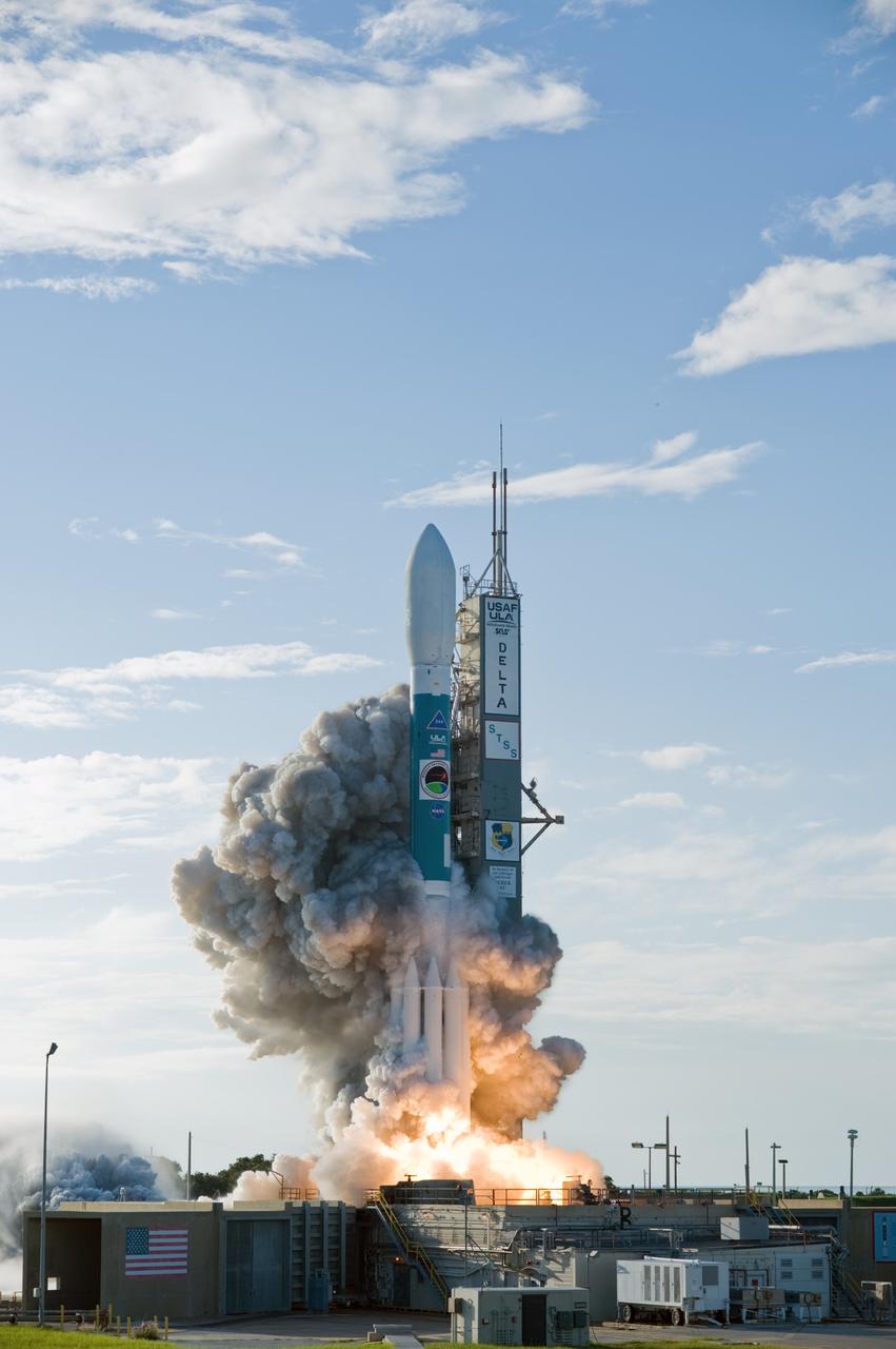 CAPE CANAVERAL, Fla. – The United Launch Alliance Delta II rocket with Space Tracking and Surveillance System - Demonstrator, or STSS-Demo, spacecraft leaps from Launch Pad 17-B at Cape Canaveral Air Force Station amid clouds of smoke.  STSS-Demo was launched at 8:20:22 a.m. EDT by NASA for the U.S. Missile Defense Agency.   The STSS-Demo is a space-based sensor component of a layered Ballistic Missile Defense System designed for the overall mission of detecting, tracking and discriminating ballistic missiles. STSS is capable of tracking objects after boost phase and provides trajectory information to other sensors. Photo credit: NASA/Sandra Joseph- Kevin O'Connell