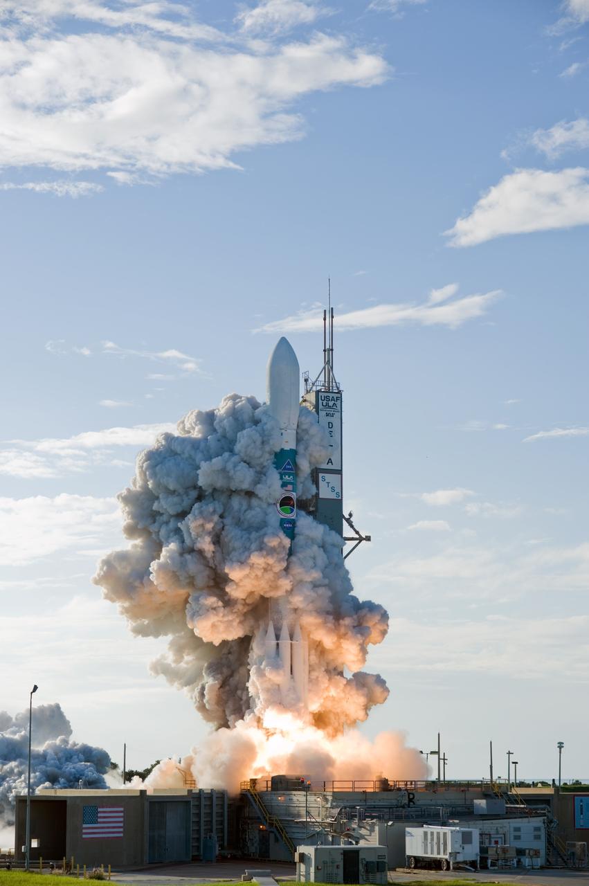 CAPE CANAVERAL, Fla. – The United Launch Alliance Delta II rocket with Space Tracking and Surveillance System - Demonstrator, or STSS-Demo, spacecraft leaps through a mantle of smoke as it lifts off from Launch Pad 17-B at Cape Canaveral Air Force Station.  STSS-Demo was launched at 8:20:22 a.m. EDT by NASA for the U.S. Missile Defense Agency.  The STSS-Demo is a space-based sensor component of a layered Ballistic Missile Defense System designed for the overall mission of detecting, tracking and discriminating ballistic missiles. STSS is capable of tracking objects after boost phase and provides trajectory information to other sensors. Photo credit: NASA/Sandra Joseph- Kevin O'Connell