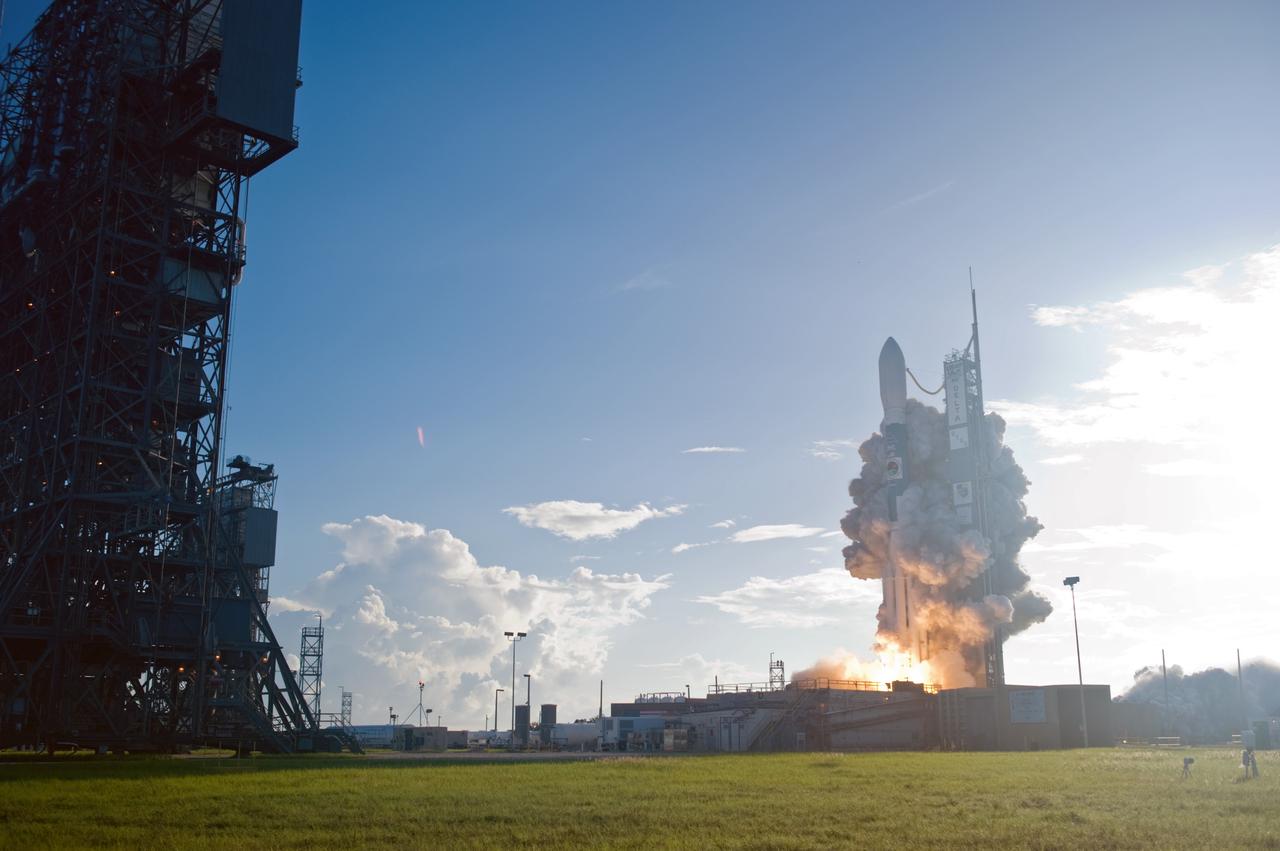 CAPE CANAVERAL, Fla. –  The United Launch Alliance Delta II rocket with Space Tracking and Surveillance System - Demonstrator, or STSS-Demo, spacecraft leaps from Launch Pad 17-B at Cape Canaveral Air Force Station amid clouds of smoke.  STSS-Demo was launched at 8:20:22 a.m. EDT by NASA for the U.S. Missile Defense Agency.  The STSS-Demo is a space-based sensor component of a layered Ballistic Missile Defense System designed for the overall mission of detecting, tracking and discriminating ballistic missiles.  Photo credit: NASA/Tony Gray-Tim Powers