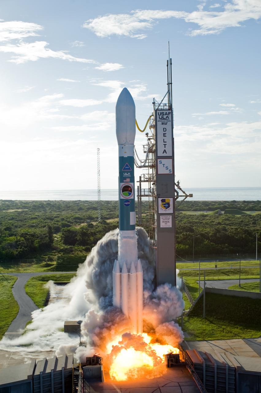 CAPE CANAVERAL, Fla. –  Fire erupts across Launch Pad 17-B at Cape Canaveral Air Force Station as the United Launch Alliance Delta II rocket lifts off with the Space Tracking and Surveillance System - Demonstrator, or STSS-Demo, spacecraft.  STSS-Demo was launched at 8:20:22 a.m. EDT by NASA for the U.S. Missile Defense Agency. The STSS-Demo is a space-based sensor component of a layered Ballistic Missile Defense System designed for the overall mission of detecting, tracking and discriminating ballistic missiles.  Photo credit: NASA/Regina Mitchell-Tom Farrar