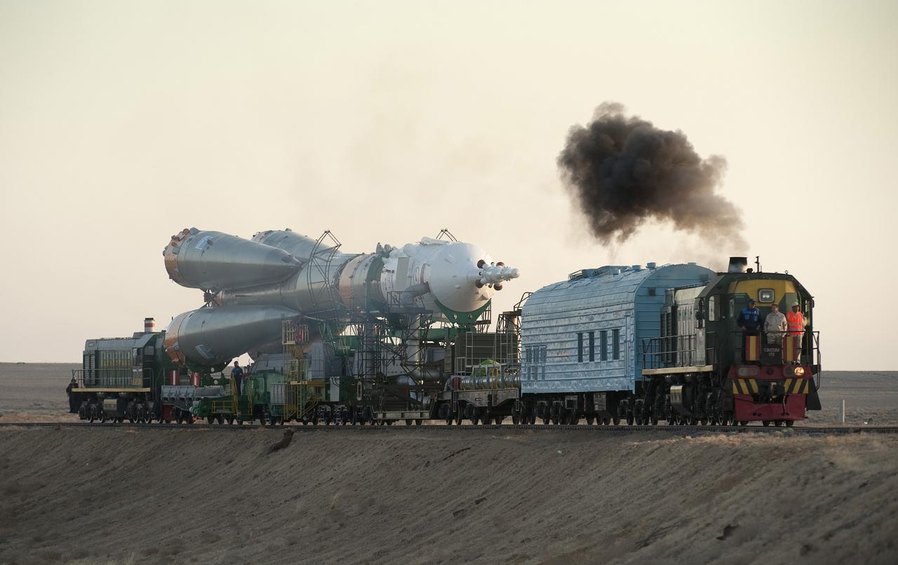 KAZAKHSTAN -- The Soyuz rocket is rolled out to the launch pad Monday, Sept. 28, 2009 at the Baikonur Cosmodrome in Kazakhstan.  The Soyuz is scheduled to launch the crew of Expedition 21 and a spaceflight participant on Sept. 30, 2009.  Photo Credit: (NASA/Bill Ingalls)