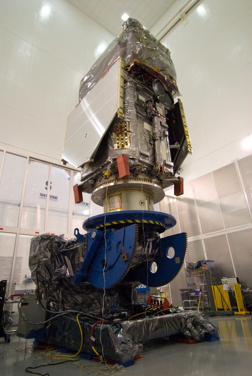 CAPE CANAVERAL, Fla. – At the Astrotech Space Operations facility in Titusville, Fla., the Solar Dynamics Observatory, or SDO, is vertically positioned during preparations for propulsion system testing and leak checks. SDO is the first space weather research network mission in NASA's Living With a Star Program. The spacecraft's long-term measurements will give solar scientists in-depth information about changes in the sun's magnetic field and insight into how they affect Earth. Liftoff on an Atlas V rocket is scheduled for Feb. 3, 2010. Photo credit: NASA/Amanda Diller