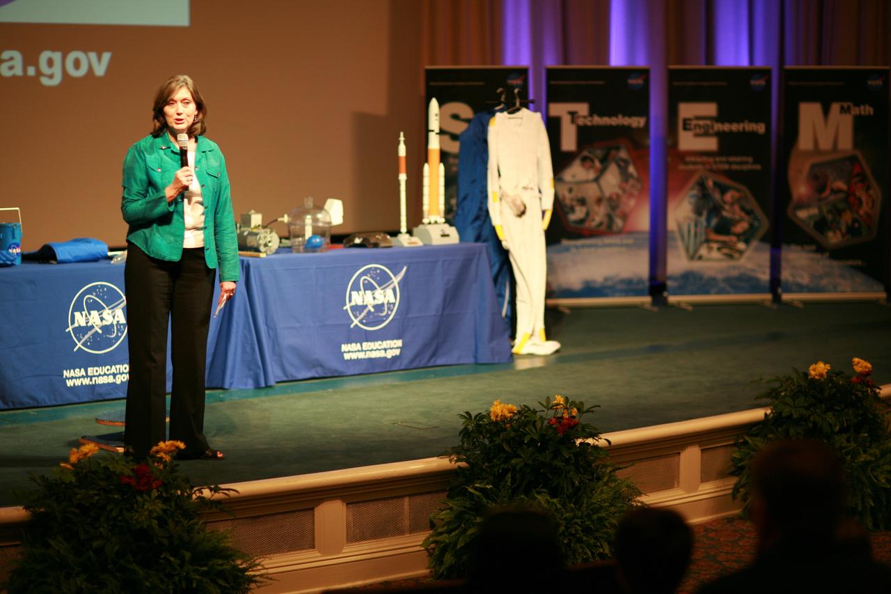CAPE CANAVERAL, Fla. – At Walt Disney World's Magic Kingdom in Orlando, Fla., NASA’s Assistant Administrator for Education Joyce Winterton addresses students and teachers attending an educational presentation, part of the festivities to welcome toy space ranger Buzz Lightyear home from space.    The 12-inch-tall action figure spent more than 15 months aboard the International Space Station and returned to Earth aboard space shuttle Discovery on Sept. 11 with the STS-128 crew.  Lightyear's space adventure, a collaboration between NASA and Disney Parks, is intended to share the excitement of space exploration with students around the world and encourage them to pursue studies in science, technology, engineering and mathematics.  For additional information, visit http://www.nasa.gov/buzzoniss.  Photo credit: NASA/Dimitri Gerondidakis