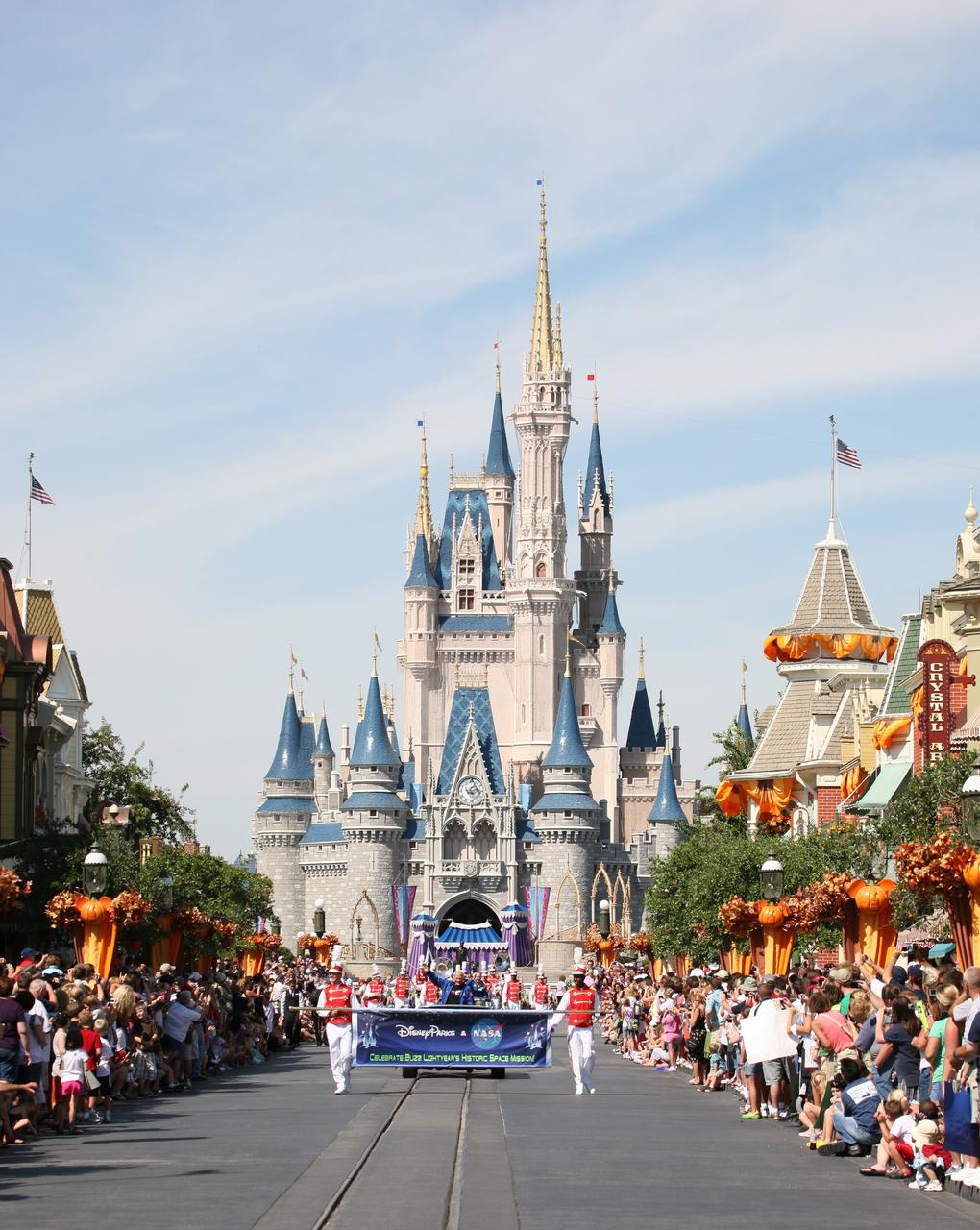 CAPE CANAVERAL, Fla. – At Walt Disney World's Magic Kingdom in Orlando, Fla., a ticker-tape parade officially welcomes toy space ranger Buzz Lightyear home from space.  NASA Apollo 11 astronaut Buzz Aldrin and International Space Station commander Mike Fincke are featured in the procession.    The 12-inch-tall action figure spent more than 15 months aboard the International Space Station and returned to Earth aboard space shuttle Discovery on Sept. 11 with the STS-128 crew.  Lightyear's space adventure, a collaboration between NASA and Disney Parks, is intended to share the excitement of space exploration with students around the world and encourage them to pursue studies in science, technology, engineering and mathematics.  For additional information, visit http://www.nasa.gov/buzzoniss.  Photo credit: NASA/Dimitri Gerondidakis