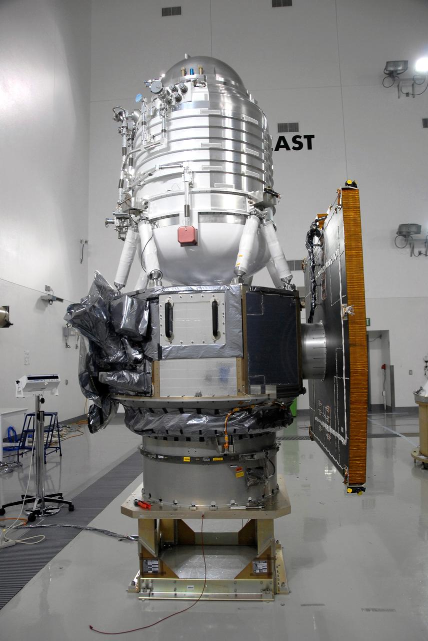 VANDENBERG AIR FORCE BASE, Calif. -- At the Astrotech processing facility on Vandenberg Air Force Base in California, NASA's Wide-field Infrared Survey Explorer, or WISE, is prepared for its move from the test stand for mating to the Payload Attach Fitting.    The satellite will survey the entire sky at infrared wavelengths, creating a cosmic clearinghouse of hundreds of millions of objects which will be catalogued and provide a vast storehouse of knowledge about the solar system, the Milky Way, and the universe. Launch is scheduled for Dec. 7.  Photo credit: NASA/Doug Kolkow