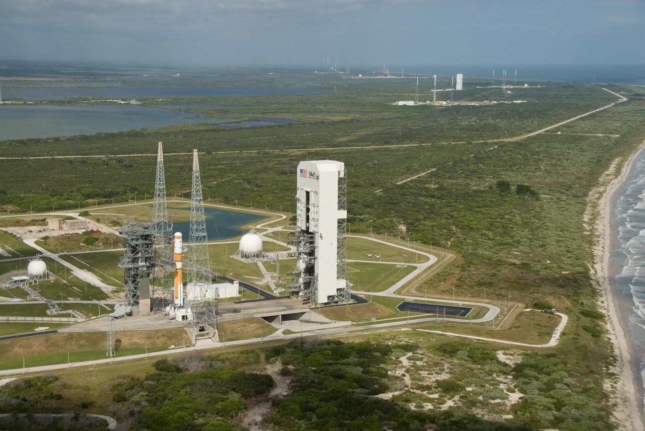 CAPE CANAVERAL, Fla. – An aerial view of Space Launch Complex 37 on Cape Canaveral Air Force Station with a United Launch Alliance Delta 4 expendable launch vehicle on the pad. Photo credit: NASA/Kim Shiflett