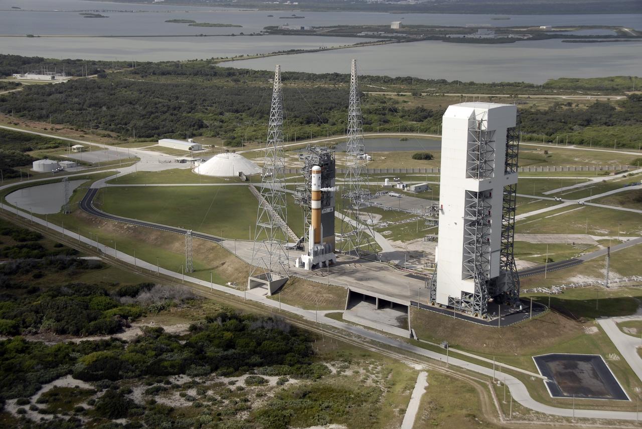 CAPE CANAVERAL, Fla. – An aerial view of Space Launch Complex 37 on Cape Canaveral Air Force Station with a United Launch Alliance Delta 4 expendable launch vehicle on the pad. Photo credit: NASA/Kim Shiflett