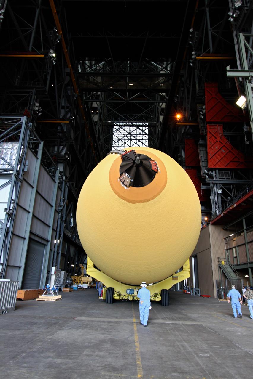 CAPE CANAVERAL, Fla. – External tank 134 has arrived in the transfer aisle of the Vehicle Assembly Building, or VAB, at NASA's Kennedy Space Center in Florida.  The Pegasus barge, carrying the fuel tank, arrived in Florida after an ocean voyage towed by a solid rocket booster retrieval ship from NASA's Michoud Assembly Facility near New Orleans.    ET-134 will be used to launch space shuttle Endeavour on the STS-130 mission to the International Space Station. Launch is targeted for Feb. 4, 2010.  For information on the components of the space shuttle and the STS-130 mission, visit http://www.nasa.gov/shuttle. Photo credit: NASA/Jack Pfaller