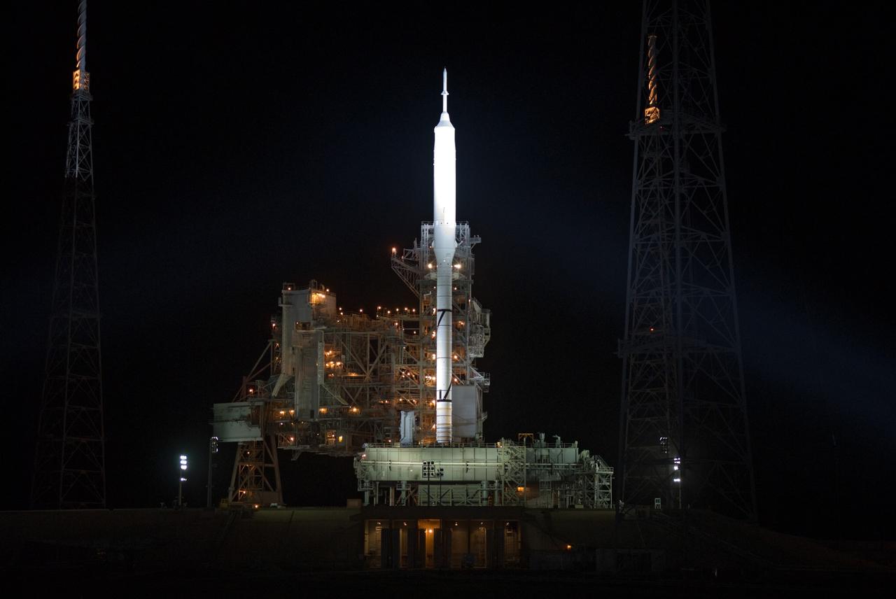 CAPE CANAVERAL, Fla. - As nightfall comes to Launch Complex 39B at NASA's Kennedy Space Center in Florida, xenon lights reveal the Ares I-X rocket awaiting the approaching liftoff of its flight test. This is the first time since the Apollo Program's Saturn rockets were retired that a vehicle other than the space shuttle has occupied the pad. Part of the Constellation Program, the Ares I-X is the test vehicle for the Ares I. The Ares I-X flight test is set for Oct. 27. For information on the Ares I-X vehicle and flight test, visit http://www.nasa.gov/aresIX. Photo credit: NASA/Kim Shiflett