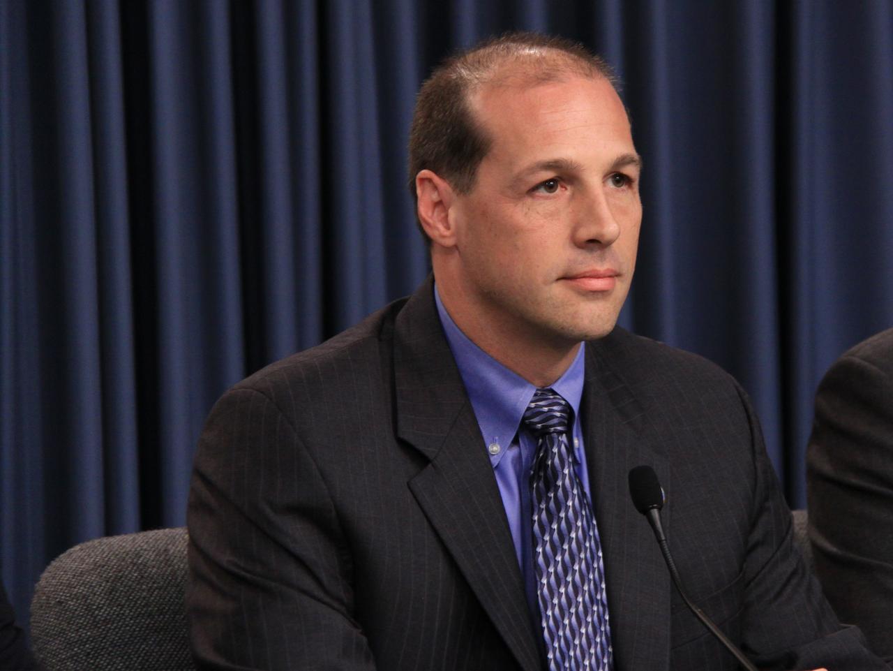 CAPE CANAVERAL, Fla. – In the Press Site auditorium at NASA's Kennedy Space Center in Florida, Bob Ess, NASA's mission manager for the Ares I-X flight test, participates in a news conference following the conclusion of the flight test readiness review, or FTRR, for the Ares I-X test rocket.    During the meeting, senior NASA and contractor managers assessed the risks associated with the test and determined the rocket, support systems and procedures are ready for launch.  The Ares I-X launch date was announced after the FTRR and is officially set for Oct. 27.  For information on the Ares I-X vehicle and flight test, visit http://www.nasa.gov/aresIX.  Photo credit: NASA/Jack Pfaller