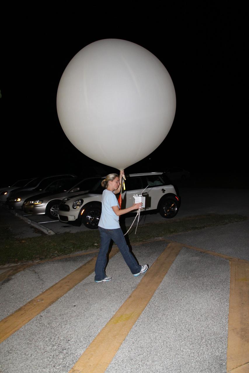CAPE CANAVERAL, Fla. - At the weather station on Cape Canaveral Air Force Station in Florida, a meteorological data specialist prepares to release a low resolution flight element rawinsonde to support the countdown for the flight test of NASA's Ares I-X rocket.    A GPS-tracked weather balloon, a rawinsonde has a tethered instrument package which radios its altitude to the ground along with atmospheric data such as temperature, dewpoint and humidity, and wind speed and direction.  Rawinsondes can reach altitudes up to 110,000 feet.  For information on the Ares I-X vehicle and flight test, visit http://www.nasa.gov/aresIX.  Photo credit: NASA/Jack Pfaller