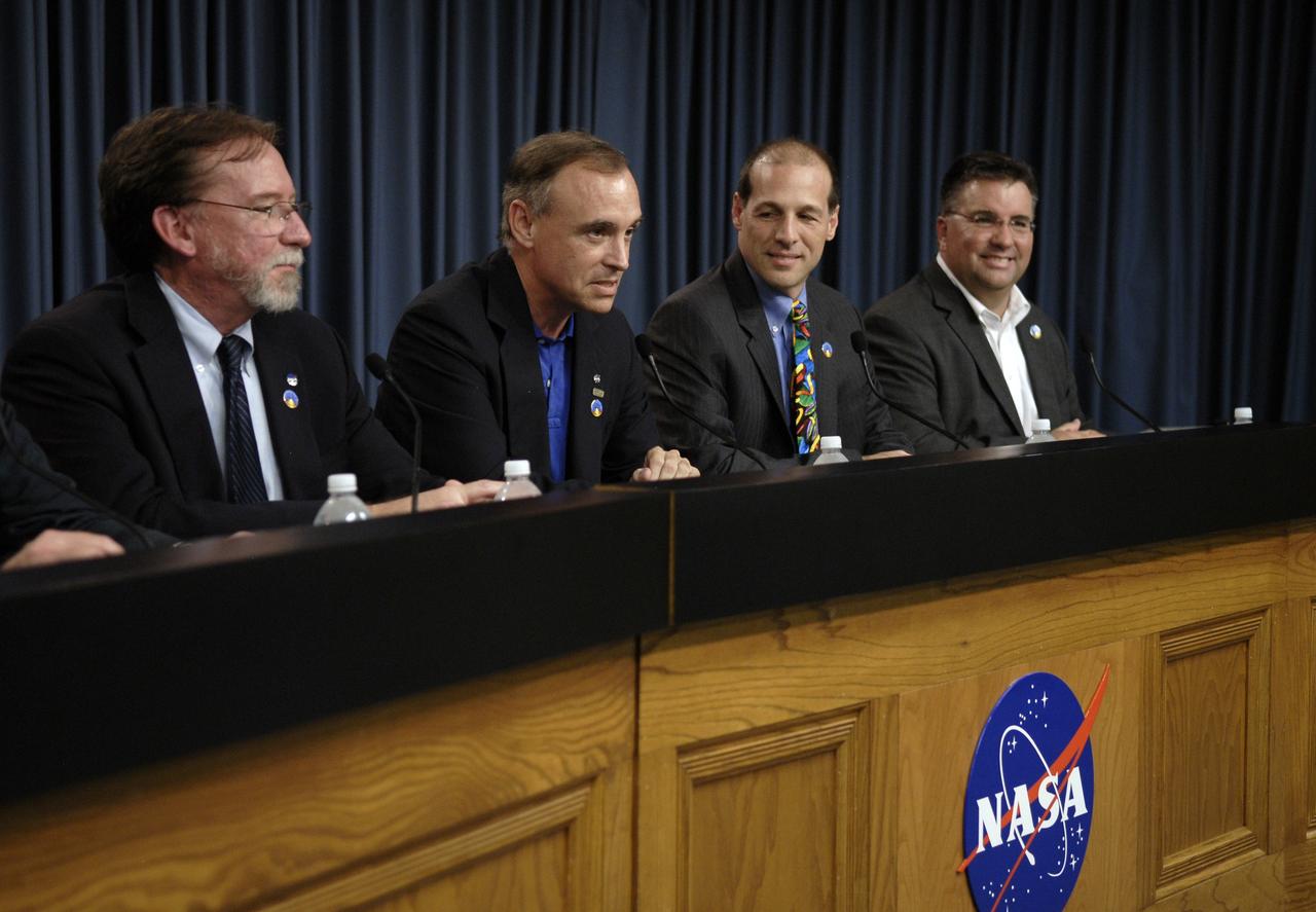 CAPE CANAVERAL, Fla. - At NASA's Kennedy Space Center in Florida, Constellation Program Manager Jeff Hanley addresses a post-launch news conference in the Press Site auditorium following the successful launch of the Ares I-X test rocket at 11:30 a.m. EDT Oct. 28. From left, are, Doug Cooke, associate administrator for NASA's Exploration Systems Mission Directorate; Hanley; Bob Ess, mission manager for the Ares I-X flight test; and Edward Mango, launch director for the Ares I-X flight test. For more information on the Ares I-X vehicle and flight test, visit http://www.nasa.gov/aresIX. Photo credit: NASA/Kim Shiflett