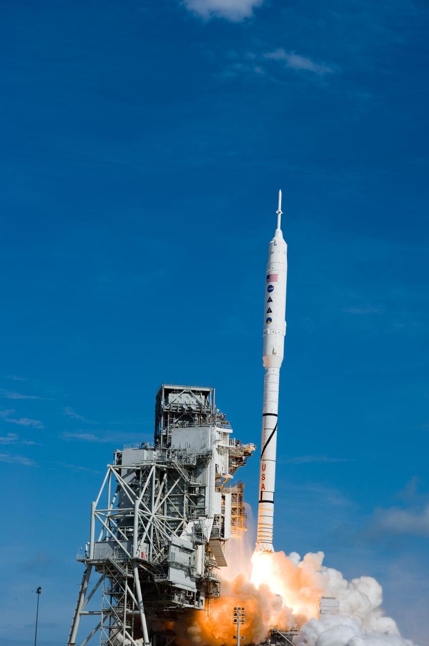 CAPE CANAVERAL, Fla. – NASA’s Constellation Program's 327-foot-tall Ares I-X test rocket takes off from Launch Pad 39B at NASA's Kennedy Space Center in Florida at 11:30 a.m. EDT Oct. 28. The rocket produces 2.96 million pounds of thrust at liftoff and reaches a speed of 100 mph in eight seconds. This was the first launch from Kennedy's pads of a vehicle other than the space shuttle since the Apollo Program's Saturn rockets were retired. The parts used to make the Ares I-X booster flew on 30 different shuttle missions ranging from STS-29 in 1989 to STS-106 in 2000. The data returned from more than 700 sensors throughout the rocket will be used to refine the design of future launch vehicles and bring NASA one step closer to reaching its exploration goals. For information on the Ares I-X vehicle and flight test, visit http://www.nasa.gov/aresIX. Photo credit: NASA/ Sandra Joseph and Kevin O'Connell