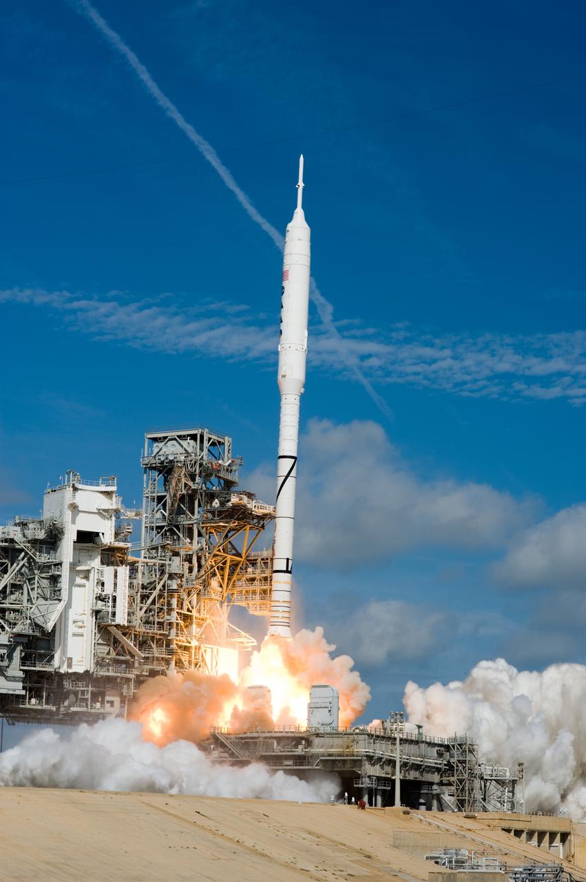 CAPE CANAVERAL, Fla. – The Ares I-X test rocket launches into a bright Florida sky from Launch Pad 39B at NASA's Kennedy Space Center in Florida at 11:30 a.m. EDT Oct. 28. NASA’s Constellation Program's 327-foot-tall rocket produces 2.96 million pounds of thrust at liftoff and reaches a speed of 100 mph in eight seconds. This was the first launch from Kennedy's pads of a vehicle other than the space shuttle since the Apollo Program's Saturn rockets were retired. The parts used to make the Ares I-X booster flew on 30 different shuttle missions ranging from STS-29 in 1989 to STS-106 in 2000. The data returned from more than 700 sensors throughout the rocket will be used to refine the design of future launch vehicles and bring NASA one step closer to reaching its exploration goals. For information on the Ares I-X vehicle and flight test, visit http://www.nasa.gov/aresIX. Photo credit: NASA/Tony Gray and Tom Farrar
