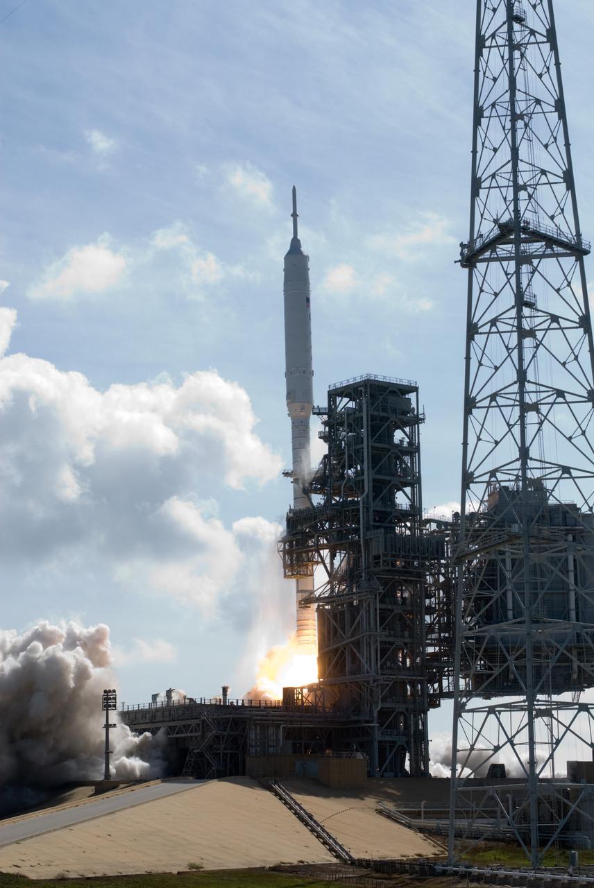CAPE CANAVERAL, Fla. – NASA's Ares I-X test rocket ignites its first stage at Launch Pad 39B at NASA's Kennedy Space Center in Florida at 11:30 a.m. EDT on Oct. 28. The Constellation Program's 327-foot-tall rocket produces 2.96 million pounds of thrust at liftoff and reaches a speed of 100 mph in eight seconds. This was the first launch from Kennedy's pads of a vehicle other than the space shuttle since the Apollo Program's Saturn rockets were retired. The parts used to make the Ares I-X booster flew on 30 different shuttle missions ranging from STS-29 in 1989 to STS-106 in 2000. The data returned from more than 700 sensors throughout the rocket will be used to refine the design of future launch vehicles and bring NASA one step closer to reaching its exploration goals. For information on the Ares I-X vehicle and flight test, visit http://www.nasa.gov/aresIX. Photo credit: NASA/ George Roberts and Tony Gray