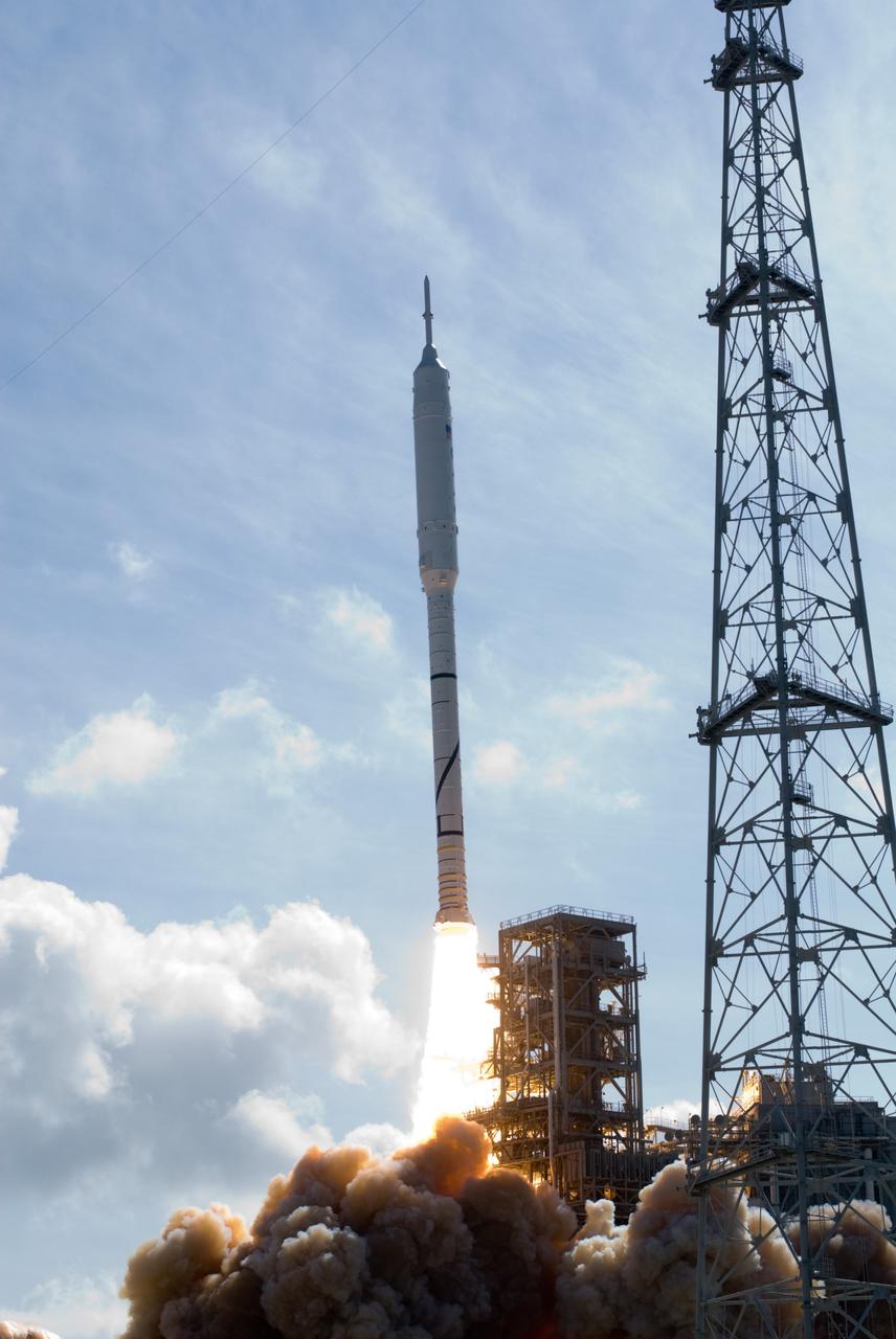 CAPE CANAVERAL, Fla. – NASA's Ares I-X rocket climbs above Launch Pad 39B at NASA's Kennedy Space Center in Florida at 11:30 a.m. EDT on Oct. 28. The rocket, part of NASA's Constellation Program, produces 2.96 million pounds of thrust at liftoff and reaches a speed of 100 mph in eight seconds. This was the first launch from Kennedy's pads of a vehicle other than the space shuttle since the Apollo Program's Saturn rockets were retired. The parts used to make the Ares I-X booster flew on 30 different shuttle missions ranging from STS-29 in 1989 to STS-106 in 2000. The data returned from more than 700 sensors throughout the rocket will be used to refine the design of future launch vehicles and bring NASA one step closer to reaching its exploration goals. For information on the Ares I-X vehicle and flight test, visit http://www.nasa.gov/aresIX. Photo credit: NASA/ George Roberts and Tony Gray