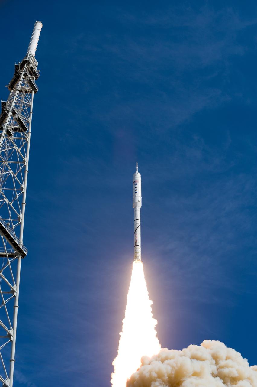 CAPE CANAVERAL, Fla. – NASA’s Ares I-X test rocket clears the tower at Launch Pad 39B at NASA's Kennedy Space Center in Florida at 11:30 a.m. EDT on Oct. 28. The rocket produces 2.96 million pounds of thrust at liftoff and reaches a speed of 100 mph in eight seconds. This was the first launch from Kennedy's pads of a vehicle other than the space shuttle since the Apollo Program's Saturn rockets were retired. The parts used to make the Ares I-X booster flew on 30 different shuttle missions ranging from STS-29 in 1989 to STS-106 in 2000. The data returned from more than 700 sensors throughout the rocket will be used to refine the design of future launch vehicles and bring NASA one step closer to reaching its exploration goals. For information on the Ares I-X vehicle and flight test, visit http://www.nasa.gov/aresIX. Photo credit: NASA/Tony Gray and Tom Farrar