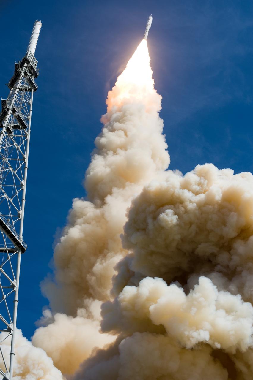 CAPE CANAVERAL, Fla. – NASA’s Ares I-X test rocket soars above Launch Pad 39B at NASA's Kennedy Space Center in Florida at 11:30 a.m. EDT on Oct. 28. The rocket produces 2.96 million pounds of thrust at liftoff and reaches a speed of 100 mph in eight seconds. This was the first launch from Kennedy's pads of a vehicle other than the space shuttle since the Apollo Program's Saturn rockets were retired. The parts used to make the Ares I-X booster flew on 30 different shuttle missions ranging from STS-29 in 1989 to STS-106 in 2000. The data returned from more than 700 sensors throughout the rocket will be used to refine the design of future launch vehicles and bring NASA one step closer to reaching its exploration goals. For information on the Ares I-X vehicle and flight test, visit http://www.nasa.gov/aresIX. Photo credit: NASA/Tony Gray and Tom Farrar