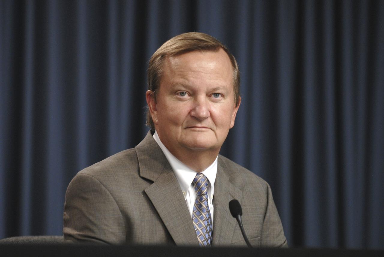 CAPE CANAVERAL, Fla. –Shuttle Launch Director Mike Leinbach talks about the Flight Readiness review for STS-129 during a news conference in the Press Site auditorium at NASA's Kennedy Space Center in Florida. The session confirmed a Nov. 16 launch date for space shuttle Atlantis is to fly the resupply mission to the International Space Station. Photo credit: NASA/Kim Shiflett.