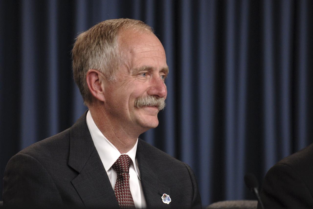 CAPE CANAVERAL, Fla. – NASA's Associate Administrator for NASA Space Operations Bill Gerstenmaier talks about the Flight Readiness review for STS-129 during a news conference in the Press Site auditorium at NASA's Kennedy Space Center in Florida. The session confirmed a Nov. 16 launch date for space shuttle Atlantis is to fly the resupply mission to the International Space Station. Photo credit: NASA/Kim Shiflett.