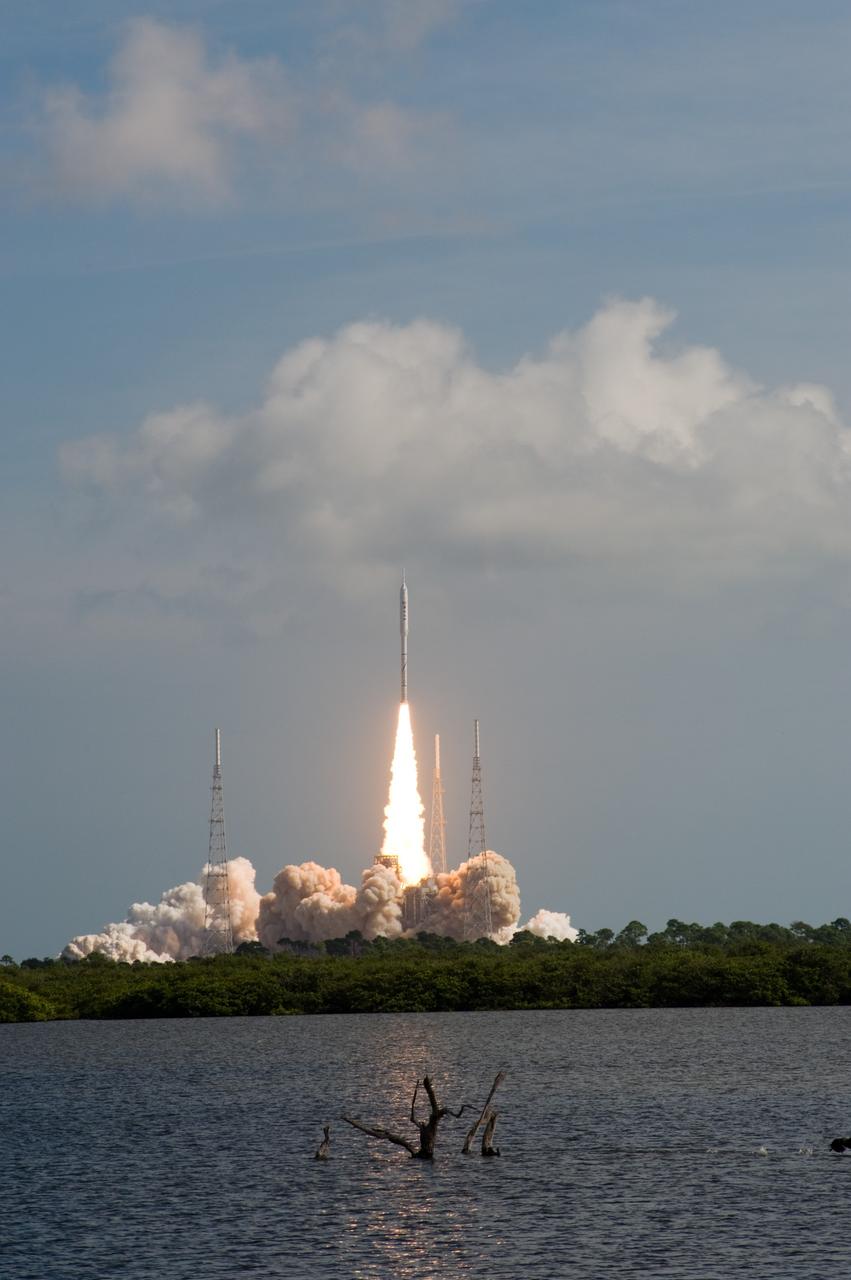 CAPE CANAVERAL, Fla. - Almost twice as tall as Disney's Cinderella Castle, NASA's 327-foot-tall Ares I-X test rocket lifts off from Launch Complex 39B at NASA's Kennedy Space Center in Florida.  The rocket produces 2.96 million pounds of thrust at liftoff and reaches a speed of 100 mph in eight seconds.    Liftoff of the 6-minute flight test was at 11:30 a.m. EDT Oct. 28. This was the first launch from Kennedy's pads of a vehicle other than the space shuttle since the Apollo Program's Saturn rockets were retired.  The parts used to make the Ares I-X booster flew on 30 different shuttle missions ranging from STS-29 in 1989 to STS-106 in 2000. The data returned from more than 700 sensors throughout the rocket will be used to refine the design of future launch vehicles and bring NASA one step closer to reaching its exploration goals.  For information on the Ares I-X vehicle and flight test, visit http://www.nasa.gov/aresIX.  Photo credit: NASA/Carl Winebarger