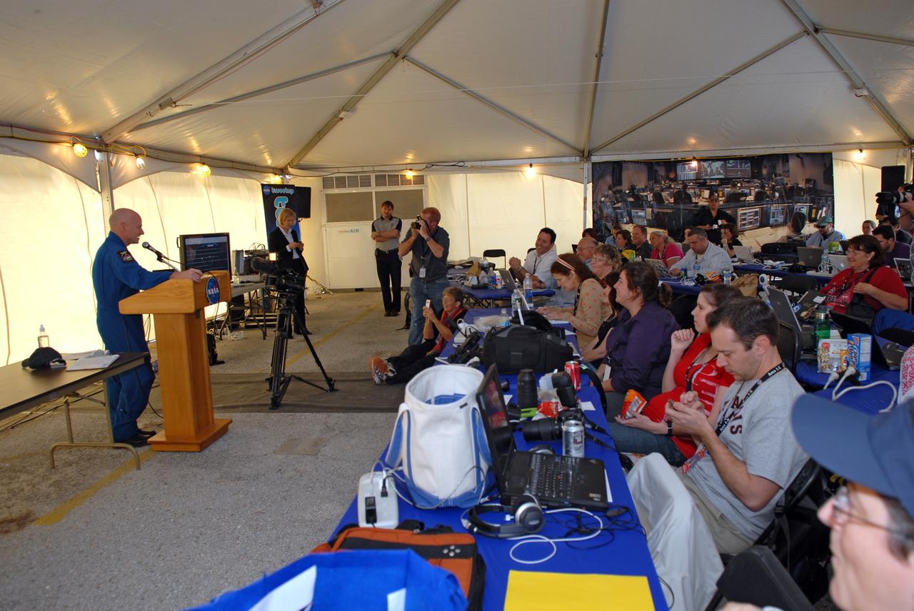 CAPE CANAVERAL, Fla. - At the NASA Press Site at NASA's Kennedy Space Center in Florida, astronaut Scott Kelly addresses the participants of a unique event, a Tweetup, held to share the excitement of a space shuttle launch with a new audience. Kelly, slated to command the International Space Station next year, has a Twitter account and is sharing his unique perspective with the Twitter community as he trains at locations around the world. The two-day event will provide NASA Twitter followers the opportunity to take a tour of Kennedy, view a shuttle launch and speak with shuttle technicians, engineers, astronauts and managers, as well as the staff behind the tweets on @NASA. Launch of shuttle Atlantis on the STS-129 mission to the International Space Station is scheduled for 2:28 p.m. EST on Nov. 16. For information on the STS-129 mission and crew, visit http://www.nasa.gov/mission_pages/shuttle/shuttlemissions/sts129/index.html. Photo credit: NASA/Jim Grossmann