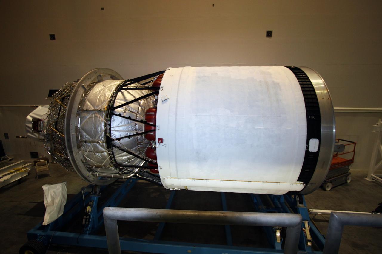 CAPE CANAVERAL, Fla. – The second stage of a Delta IV rocket awaits checkout in the hangar of the Delta Operations Center at Cape Canaveral Air Force Station in Florida.    The United Launch Alliance Delta IV rocket is the vehicle slated to launch GOES-P, the latest Geostationary Operational Environmental Satellite developed by NASA for the National Oceanic and Atmospheric Administration, or NOAA. A meteorological satellite, GOES-P is designed to watch for storm development and observed current weather conditions on Earth.  Launch of GOES-P is scheduled for no earlier than Feb. 25, 2010, from Launch Complex 37.  For information on GOES-P, visit http://goespoes.gsfc.nasa.gov/goes/spacecraft/n_p_spacecraft.html. Photo credit: NASA/Troy Cryder