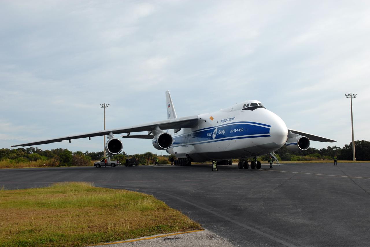 CAPE CANAVERAL, Fla. – A Volga-Dnepr Antonov AN-124-100, a Ukranian/Russian aircraft, lands at the Skid Strip on Cape Canaveral Air Force Station in Florida, delivering the Centaur second stage for the Atlas V rocket slated to launch NASA's Solar Dynamics Observatory, or SDO.    SDO is the first space weather research network mission in NASA's Living With a Star Program. The spacecraft's long-term measurements will give solar scientists in-depth information about changes in the sun's magnetic field and insight into how they affect Earth. Liftoff on the United Launch Alliance Atlas V is scheduled for Feb. 3, 2010. For information on SDO, visit http://www.nasa.gov/sdo.  Photo credit: NASA/Jim Grossmann