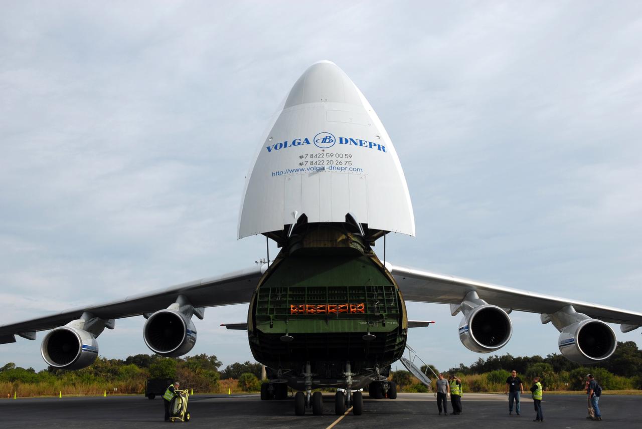 CAPE CANAVERAL, Fla. – At the Skid Strip on Cape Canaveral Air Force Station in Florida, a Volga-Dnepr Antonov AN-124-100, a Ukranian/Russian aircraft, delivers the Centaur second stage for the Atlas V rocket slated to launch NASA's Solar Dynamics Observatory, or SDO.    SDO is the first space weather research network mission in NASA's Living With a Star Program. The spacecraft's long-term measurements will give solar scientists in-depth information about changes in the sun's magnetic field and insight into how they affect Earth. Liftoff on the United Launch Alliance Atlas V is scheduled for Feb. 3, 2010. For information on SDO, visit http://www.nasa.gov/sdo.  Photo credit: NASA/Jim Grossmann