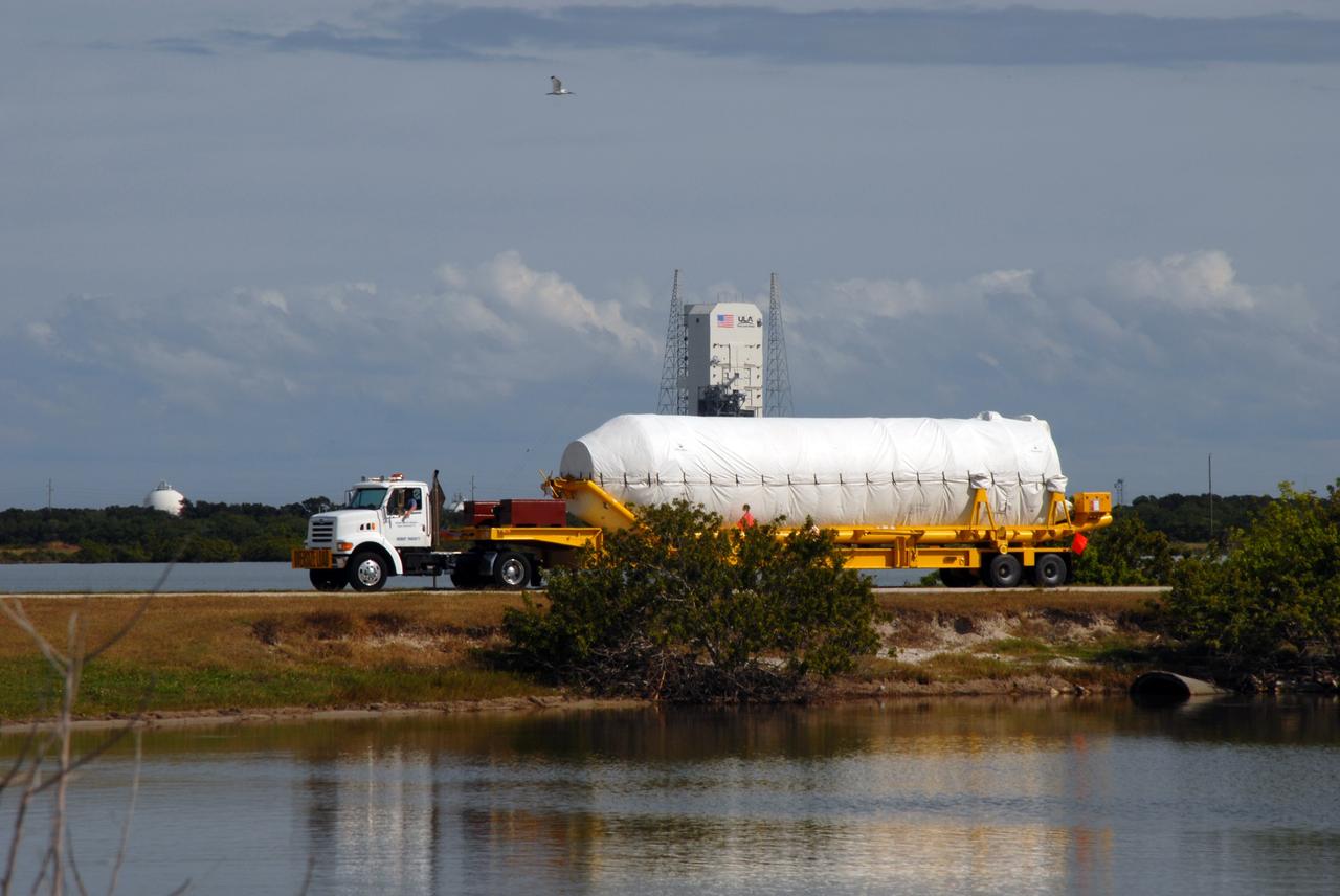 CAPE CANAVERAL, Fla. – The Centaur second stage for the Atlas V rocket slated to launch NASA's Solar Dynamics Observatory, or SDO, is transported to the Atlas Spaceflight Operations Center on Cape Canaveral Air Force Station in Florida.    SDO is the first space weather research network mission in NASA's Living With a Star Program. The spacecraft's long-term measurements will give solar scientists in-depth information about changes in the sun's magnetic field and insight into how they affect Earth. Liftoff on the United Launch Alliance Atlas V is scheduled for Feb. 3, 2010. For information on SDO, visit http://www.nasa.gov/sdo.  Photo credit: NASA/Jim Grossmann