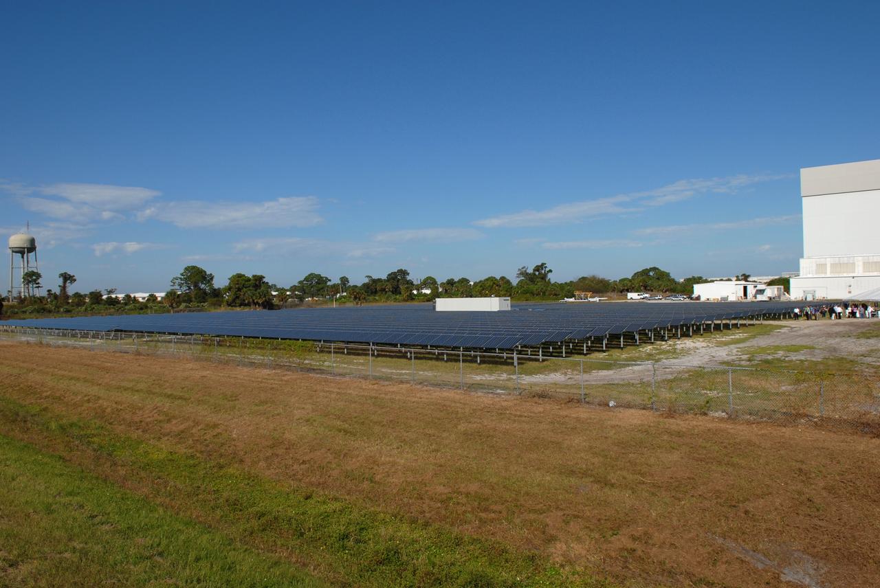 CAPE CANAVERAL, Fla. – NASA's first large-scale solar power generation facility is ready for operation at NASA's Kennedy Space Center in Florida. Representatives from NASA, Florida Power & Light Company, or FPL, and SunPower Corporation formally commissioned the one-megawatt facility and announced plans to pursue a new research, development and demonstration project at Kennedy to advance America's use of renewable energy. The facility is the first element of a major renewable energy project currently under construction at Kennedy. The completed system features a fixed-tilt, ground-mounted solar power system designed and built by SunPower, along with SunPower solar panels. A 10-megawatt solar farm, which SunPower is building on nearby Kennedy property, will supply power to FPL's customers when it is completed in April 2010. Photo credit: NASA/Jim Grossmann