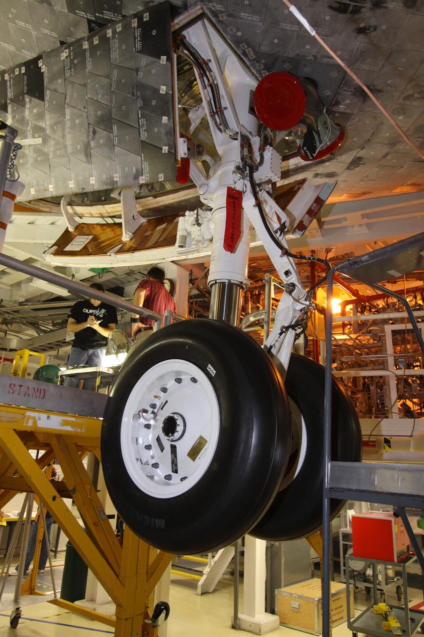 CAPE CANAVERAL, Fla. – In Orbiter Processing Facility-2 at NASA's Kennedy Space Center in Florida, workers verify that the processing of space shuttle Endeavour is complete, its payload bay doors are closed, and it is ready for its move to the Vehicle Assembly Building. This close-up is of Endeavour's nose-wheel landing gear and tires. The move, or "rollover," is targeted for Dec. 12. The Tranquility module, the payload for Endeavour's STS-130 mission to the International Space Station, will be installed in the payload bay after the shuttle has reached the pad. Endeavour's launch is targeted for Feb. 4, 2010. For information on the STS-130 mission and crew, visit http://www.nasa.gov/mission_pages/shuttle/shuttlemissions/sts130/index.html. Photo credit: NASA/Jack Pfaller