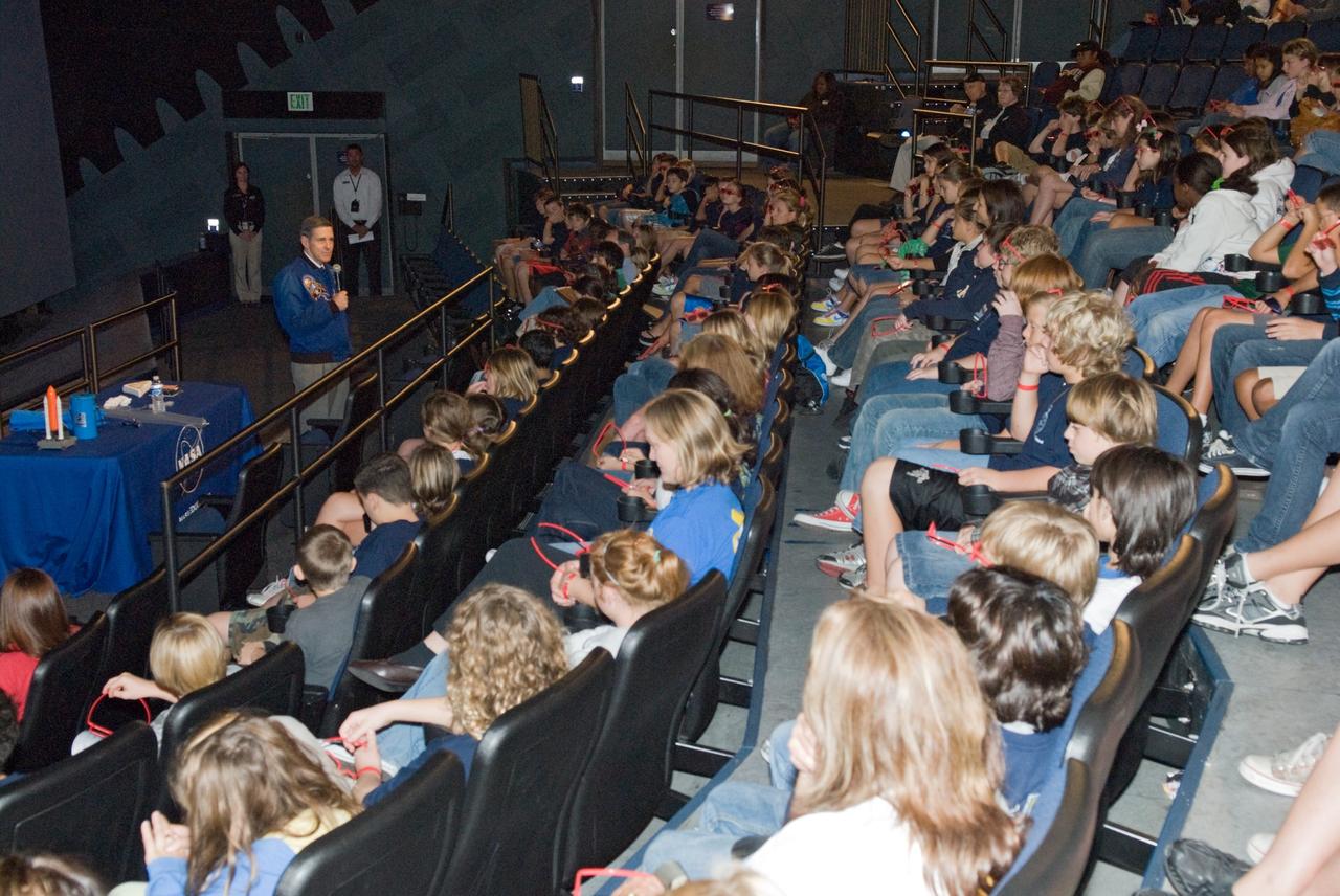 CAPE CANAVERAL, Fla. - At NASA's Kennedy Space Center Visitor Complex in Florida, Director Bob Cabana welcomes the sixth-grade students attending Brevard Space Week 2009 to the center.    Space Week events are designed to introduce the students to space exploration activities at Kennedy and include opportunities for the students to hear an astronaut describe spaceflight and to take part in a variety of hands-on activities.  Since 2004, over 25,000 sixth-grade students have participated in this innovative program with 5,200 more expected to participate this year.  Space Week events are sponsored by NASA Education, the Brevard Schools Foundation, Delaware North Parks and Resorts, and the Florida Chapter of the National Space Club.  Photo credit: NASA/Jim Grossmann