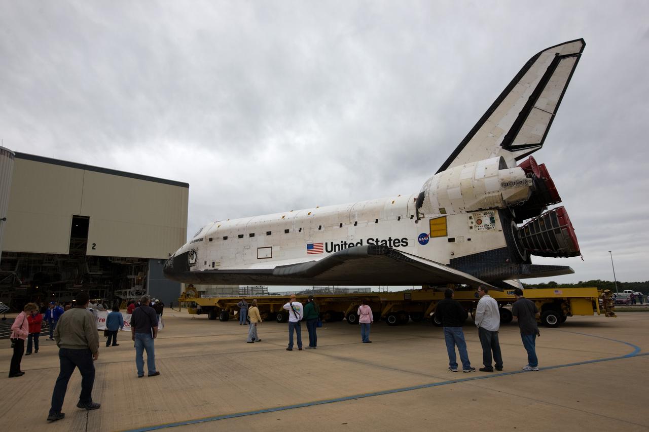 CAPE CANAVERAL, Fla. – At NASA's Kennedy Space Center in Florida, workers monitor the progress of space shuttle Endeavour as it is transferred from Orbiter Processing Facility-2 to the Vehicle Assembly Building. The rollover began at 12:53 a.m. EST and was completed at 2:08 p.m. when Endeavour was towed into the VAB's transfer aisle. Next, Endeavour will be attached to a lifting sling, hoisted over a transom and lowered into High Bay 1, where it will be attached to its external fuel tank and solid rocket boosters. Rollout of the shuttle stack to Kennedy’s Launch Pad 39A, a significant milestone in launch processing activities, is planned for early January 2010. The Italian-built Tranquility module, the primary payload for Endeavour's STS-130 mission, will be installed in the payload bay after the shuttle arrives at the pad. Launch is targeted for early February. For information on the STS-130 mission and crew, visit http://www.nasa.gov/mission_pages/shuttle/shuttlemissions/sts130/index.html. Photo credit: NASA/Dimitri Gerondidakis