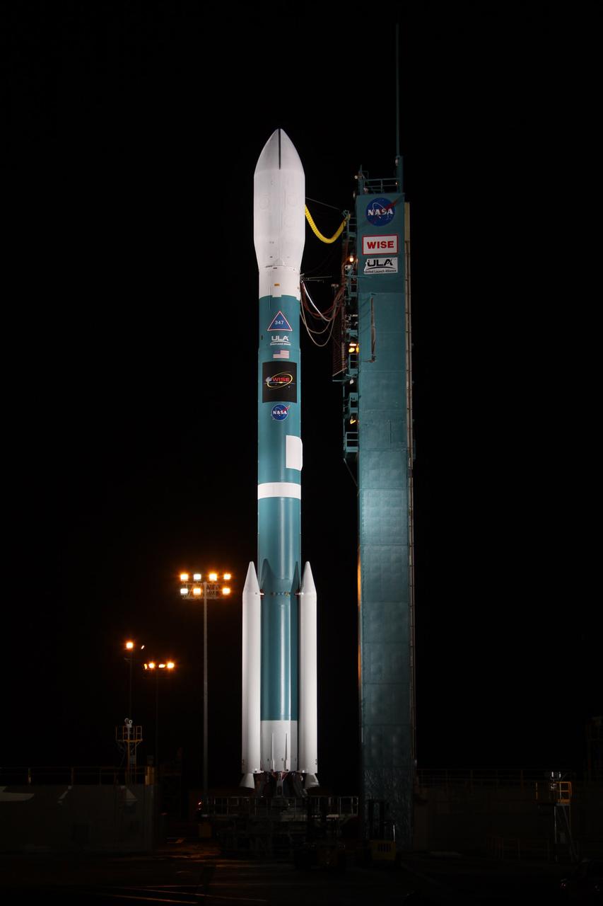VANDENBERG AIR FORCE BASE, Calif. - A United Launch Alliance Delta II rocket with NASA’s Wide-field Infrared Survey Explorer, or WISE, satellite sits poised for launch at Space Launch Complex-2 at Vandenberg Air Force Base in California.   The Delta II is set for liftoff at 6:09 a.m. PST Dec. 14.  WISE will scan the entire sky in infrared light, picking up the glow of hundreds of millions of objects and producing millions of images. Photo credit: Bill Hartenstein, United Launch Alliance
