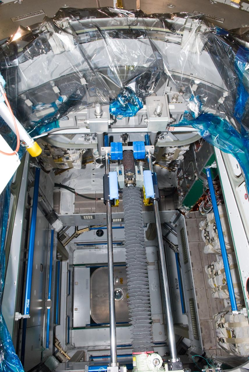 CAPE CANAVERAL, Fla. – In the Space Station Processing Facility at NASA's Kennedy Space Center in Florida, the interior of the International Space Station's Node 3, named Tranquility, is seen for the last time on Earth before its hatch is shut.    Hatch closure follows the completion of preparations for the node's transport to the pad and is a significant milestone in launch processing activities. The primary payload for the STS-130 mission, Tranquility is a pressurized module that will provide room for many of the space station's life support systems. Attached to one end of Tranquility is a cupola, a unique work area with six windows on its sides and one on top.  The cupola resembles a circular bay window and will provide a vastly improved view of the station's exterior. The multi-directional view will allow the crew to monitor spacewalks and docking operations, as well as provide a spectacular view of Earth and other celestial objects. The module was built in Turin, Italy, by Thales Alenia Space for the European Space Agency.  Space shuttle Endeavour's STS-130 mission is targeted for launch in early February 2010. For information on the STS-130 mission and crew, visit http://www.nasa.gov/mission_pages/shuttle/shuttlemissions/sts130/index.html.  Photo credit: NASA/Jim Grossmann
