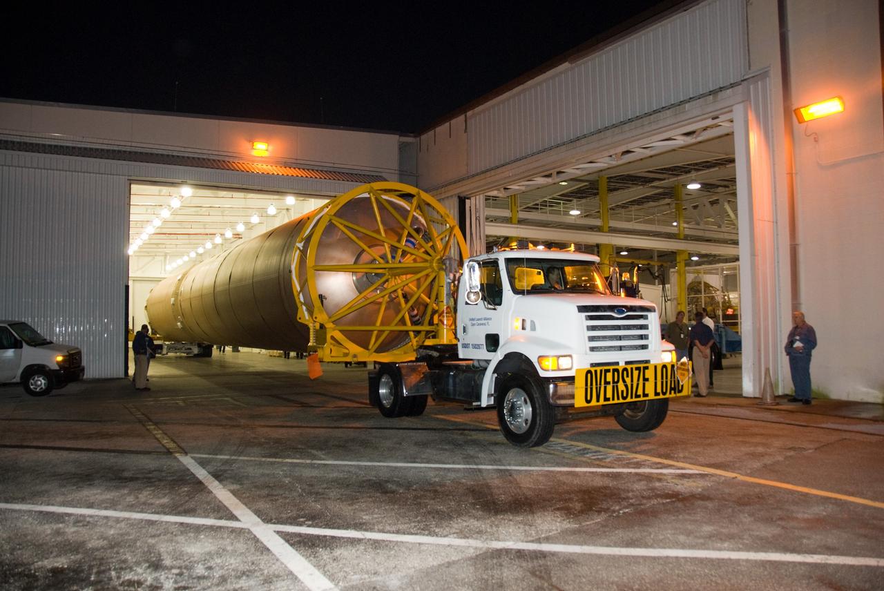 CAPE CANAVERAL, Fla. – At the Atlas Spaceflight Operations Center on Cape Canaveral Air Force Station in Florida, the Atlas V rocket scheduled to launch NASA's Solar Dynamics Observatory, or SDO, begins its move to Pad 41.    SDO is the first space weather research network mission in NASA's Living With a Star Program. The spacecraft's long-term measurements will give solar scientists in-depth information about changes in the sun's magnetic field and insight into how they affect Earth. Liftoff on the United Launch Alliance Atlas V is scheduled for Feb. 3, 2010. For information on SDO, visit http://www.nasa.gov/sdo.  Photo credit: NASA/Glenn Benson