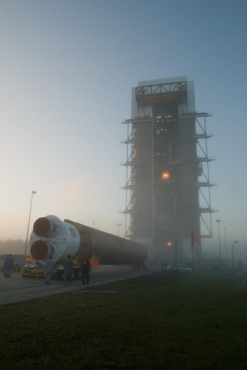 CAPE CANAVERAL, Fla. – Fog engulfs Launch Complex 41 on Cape Canaveral Air Force Station in Florida as the Atlas V rocket scheduled to launch NASA's Solar Dynamics Observatory, or SDO, arrives at the pad.    SDO is the first space weather research network mission in NASA's Living With a Star Program. The spacecraft's long-term measurements will give solar scientists in-depth information about changes in the sun's magnetic field and insight into how they affect Earth. Liftoff on the United Launch Alliance Atlas V is scheduled for Feb. 3, 2010. For information on SDO, visit http://www.nasa.gov/sdo.  Photo credit: NASA/Glenn Benson