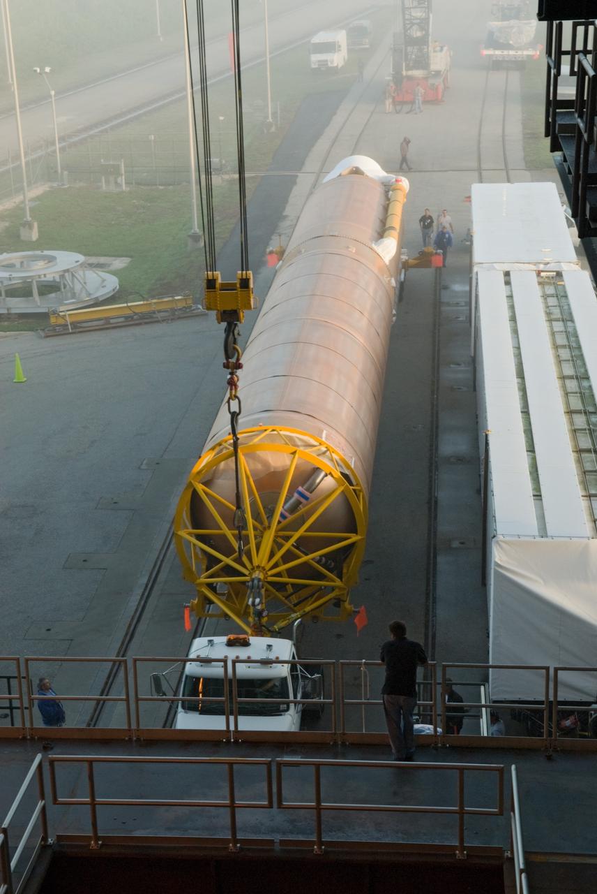 CAPE CANAVERAL, Fla. – The Atlas V rocket scheduled to launch NASA's Solar Dynamics Observatory, or SDO, is ready to be lifted into the Vertical Integration Facility at Launch Complex 41 on Cape Canaveral Air Force Station in Florida.    SDO is the first space weather research network mission in NASA's Living With a Star Program. The spacecraft's long-term measurements will give solar scientists in-depth information about changes in the sun's magnetic field and insight into how they affect Earth. Liftoff on the United Launch Alliance Atlas V is scheduled for Feb. 3, 2010. For information on SDO, visit http://www.nasa.gov/sdo.  Photo credit: NASA/Glenn Benson