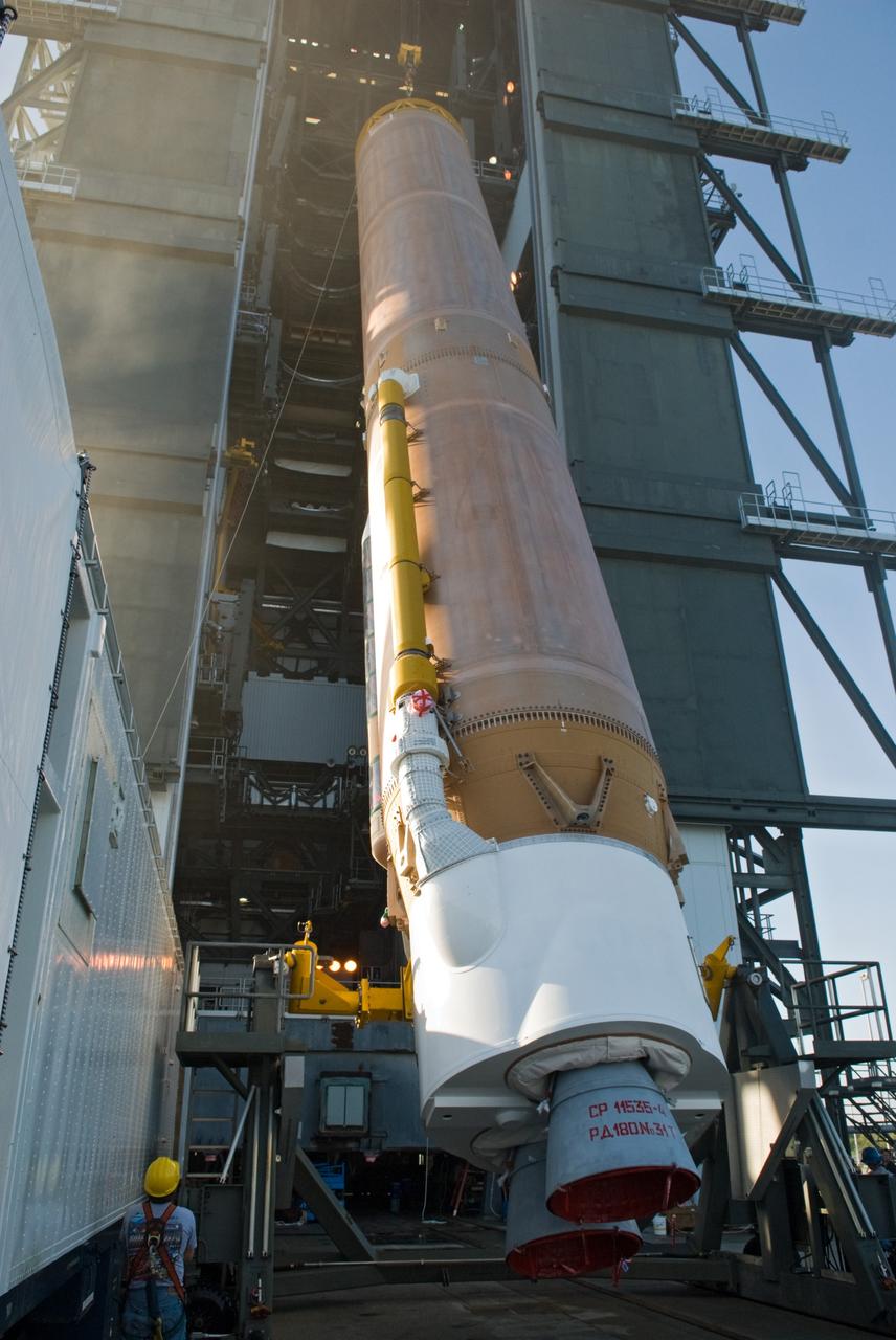 CAPE CANAVERAL, Fla. – The Atlas V rocket scheduled to launch NASA's Solar Dynamics Observatory, or SDO, is ready for its lift into the Vertical Integration Facility at Launch Complex 41 on Cape Canaveral Air Force Station in Florida.    SDO is the first space weather research network mission in NASA's Living With a Star Program. The spacecraft's long-term measurements will give solar scientists in-depth information about changes in the sun's magnetic field and insight into how they affect Earth. Liftoff on the United Launch Alliance Atlas V is scheduled for Feb. 3, 2010. For information on SDO, visit http://www.nasa.gov/sdo.  Photo credit: NASA/Glenn Benson