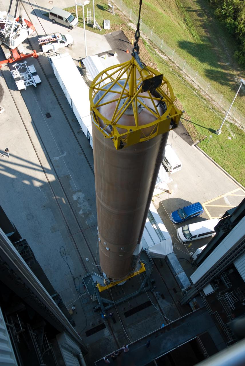CAPE CANAVERAL, Fla. – This view from the top of the Vertical Integration Facility at Launch Complex 41 on Cape Canaveral Air Force Station in Florida, shows the Atlas V rocket scheduled to launch NASA's Solar Dynamics Observatory, or SDO, suspended in a vertical position.    SDO is the first space weather research network mission in NASA's Living With a Star Program. The spacecraft's long-term measurements will give solar scientists in-depth information about changes in the sun's magnetic field and insight into how they affect Earth. Liftoff on the United Launch Alliance Atlas V is scheduled for Feb. 3, 2010. For information on SDO, visit http://www.nasa.gov/sdo.  Photo credit: NASA/Glenn Benson