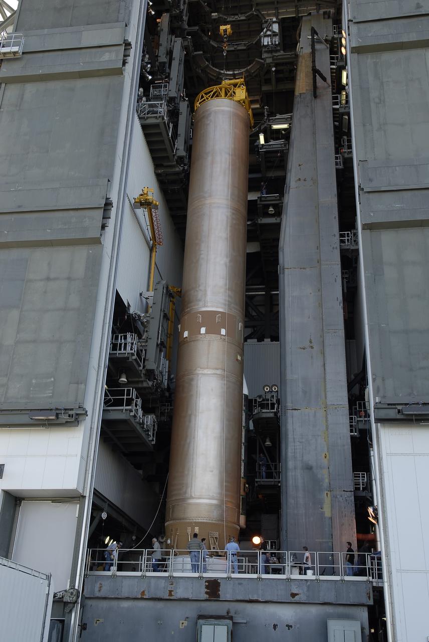 CAPE CANAVERAL, Fla. – The Atlas V rocket scheduled to launch NASA's Solar Dynamics Observatory, or SDO, is in position in the Vertical Integration Facility at Launch Complex 41 on Cape Canaveral Air Force Station in Florida and ready for further processing.    SDO is the first space weather research network mission in NASA's Living With a Star Program. The spacecraft's long-term measurements will give solar scientists in-depth information about changes in the sun's magnetic field and insight into how they affect Earth. Liftoff on the United Launch Alliance Atlas V is scheduled for Feb. 3, 2010. For information on SDO, visit http://www.nasa.gov/sdo.  Photo credit: NASA/Glenn Benson