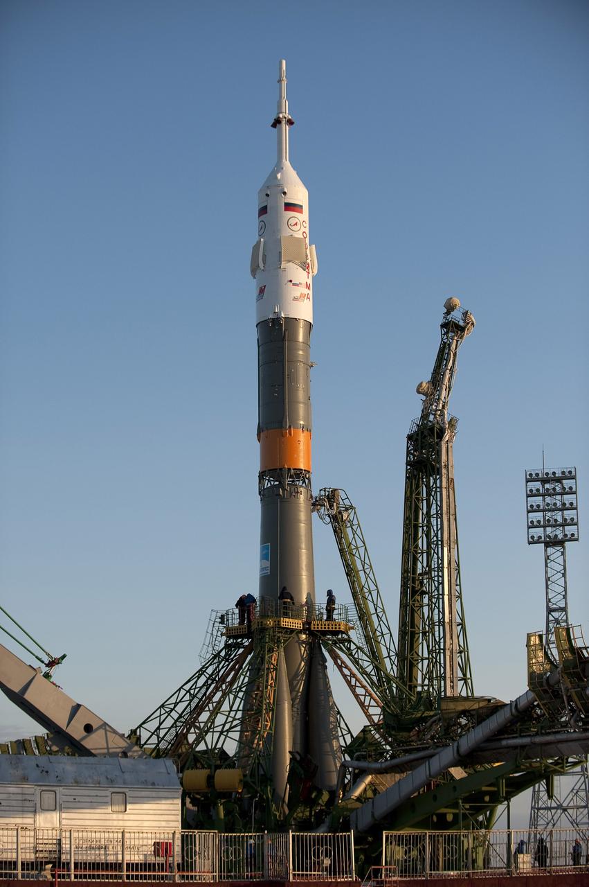 KAZAKHASTAN - 200912180015HQ - The Soyuz TMA-17 spacecraft is raised into vertical position at the launch pad of the Baikonur Cosmodrome, Kazakhstan, Friday, Dec. 18, 2009. The launch of the Soyuz spacecraft, with Expedition 22 NASA Flight Engineer Timothy J. Creamer of the United States, Soyuz Commander Oleg Kotov of Russia, and Flight Engineer Soichi Noguchi of Japan, is scheduled for Monday, Dec. 21, 2009, at 3:52 a.m. Kazakhstan time. Photo Credit: NASA/Bill Ingalls