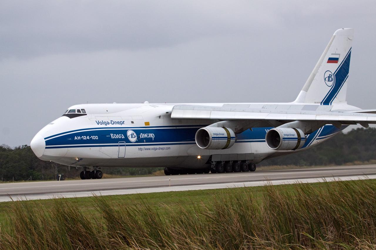 CAPE CANAVERAL, Fla. - A Volga-Dnepr Antonov AN-124-100, a Ukranian/Russian aircraft, lands at the Shuttle Landing Facility at NASA's Kennedy Space Center in Florida with the Russian-built Mini Research Module1, or MRM1, aboard. The second in a series of new pressurized components for Russia, the module, named Rassvet, will be permanently attached to the International Space Station's Zarya module on space shuttle Atlantis' STS-132 mission. An Integrated Cargo Carrier will join the MRM in Atlantis' payload bay. Three spacewalks are planned to store spare components outside the station, including six spare batteries, a boom assembly for the Ku-band antenna and spares for the Canadian Dextre robotic arm extension. A radiator, airlock, and European robotic arm for the Russian Multi-purpose Laboratory Module also will be delivered to the station. Launch is targeted for May 14, 2010. Photo credit: NASA/Jack Pfaller