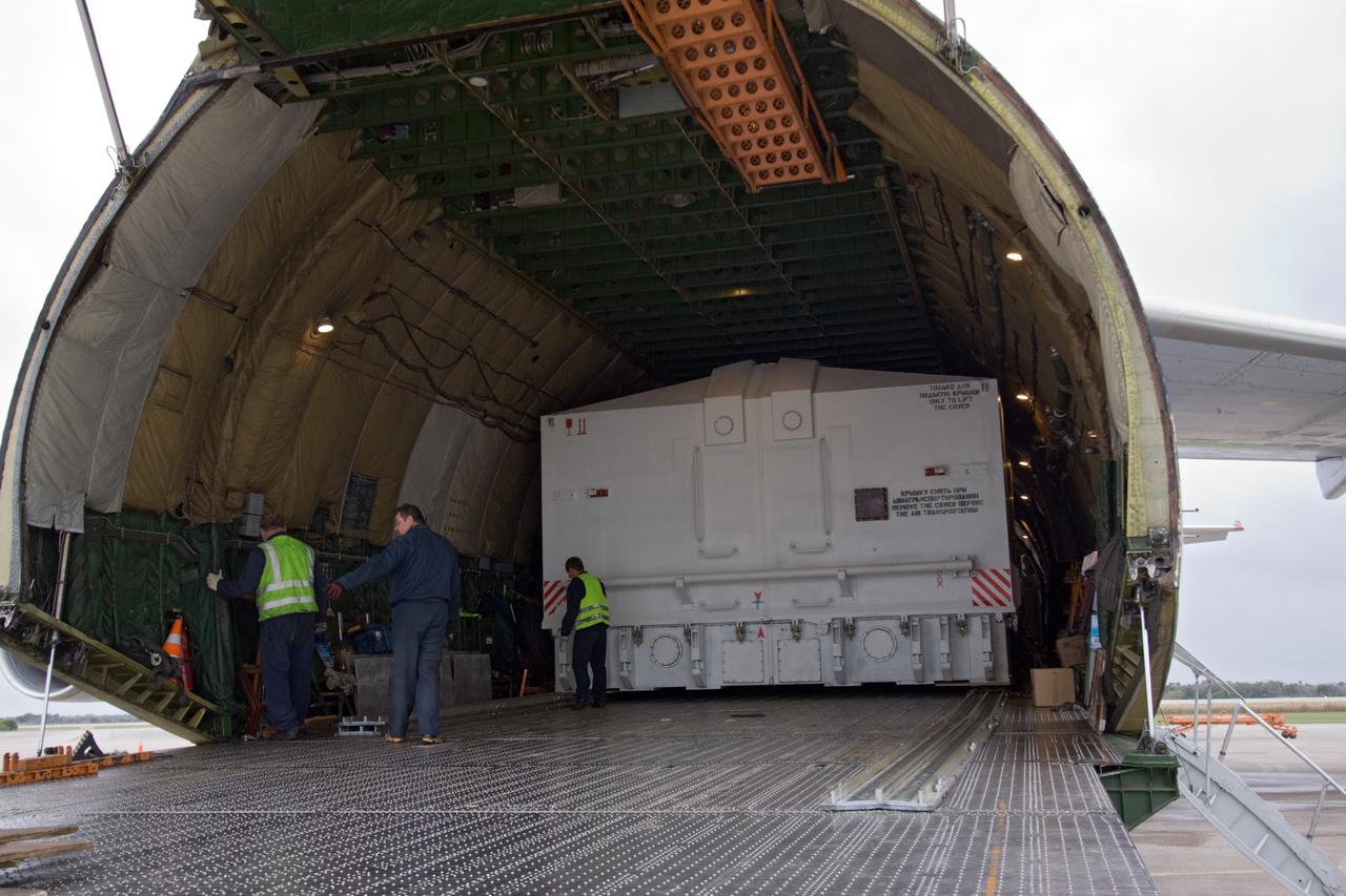 CAPE CANAVERAL, Fla. - At the Shuttle Landing Facility at NASA's Kennedy Space Center in Florida, preparations are under way to offload the Russian-built Mini Research Module1, or MRM1, from a Volga-Dnepr Antonov AN-124-100, a Ukranian/Russian aircraft. The second in a series of new pressurized components for Russia, the module, named Rassvet, will be permanently attached to the International Space Station's Zarya module on space shuttle Atlantis' STS-132 mission. An Integrated Cargo Carrier will join the MRM in Atlantis' payload bay. Three spacewalks are planned to store spare components outside the station, including six spare batteries, a boom assembly for the Ku-band antenna and spares for the Canadian Dextre robotic arm extension. A radiator, airlock, and European robotic arm for the Russian Multi-purpose Laboratory Module also will be delivered to the station. Launch is targeted for May 14, 2010. Photo credit: NASA/Jack Pfaller