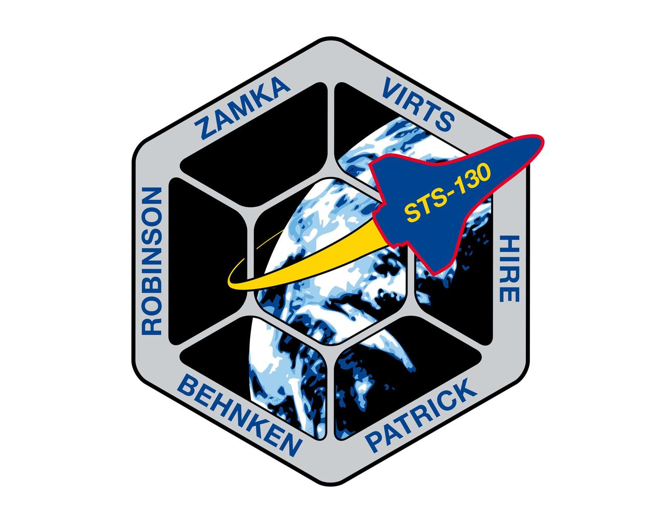 JOHNSON SPACE CENTER, Houston - STS130-S-001 - The STS-130 patch was designed by the crew to reflect both the objectives of the mission and its place in the history of human spaceflight. The main goal of the mission is to deliver Node 3 and the Cupola to the International Space Station (ISS). Node 3, named "Tranquility," will contain life support systems enabling continued human presence in orbit aboard the ISS. The shape of the patch represents the Cupola, which is the windowed robotics viewing station, from which astronauts will have the opportunity not only to monitor a variety of ISS operations, but also to study our home planet. The image of Earth depicted in the patch is the first photograph of the Earth taken from the moon by Lunar Orbiter I on August 23, 1966. As both a past and a future destination for explorers from the planet Earth, the moon is thus represented symbolically in the STS-130 patch. The Space Shuttle Endeavour is pictured approaching the ISS, symbolizing the Space Shuttle's role as the prime construction vehicle for the ISS. The NASA insignia design for shuttle flights is reserved for use by the astronauts and for other official use as the NASA Administrator may authorize. Public availability has been approved only in the form of illustrations by the various news media. When and if there is any change in this policy, which we do not anticipate, it will be publicly announced.