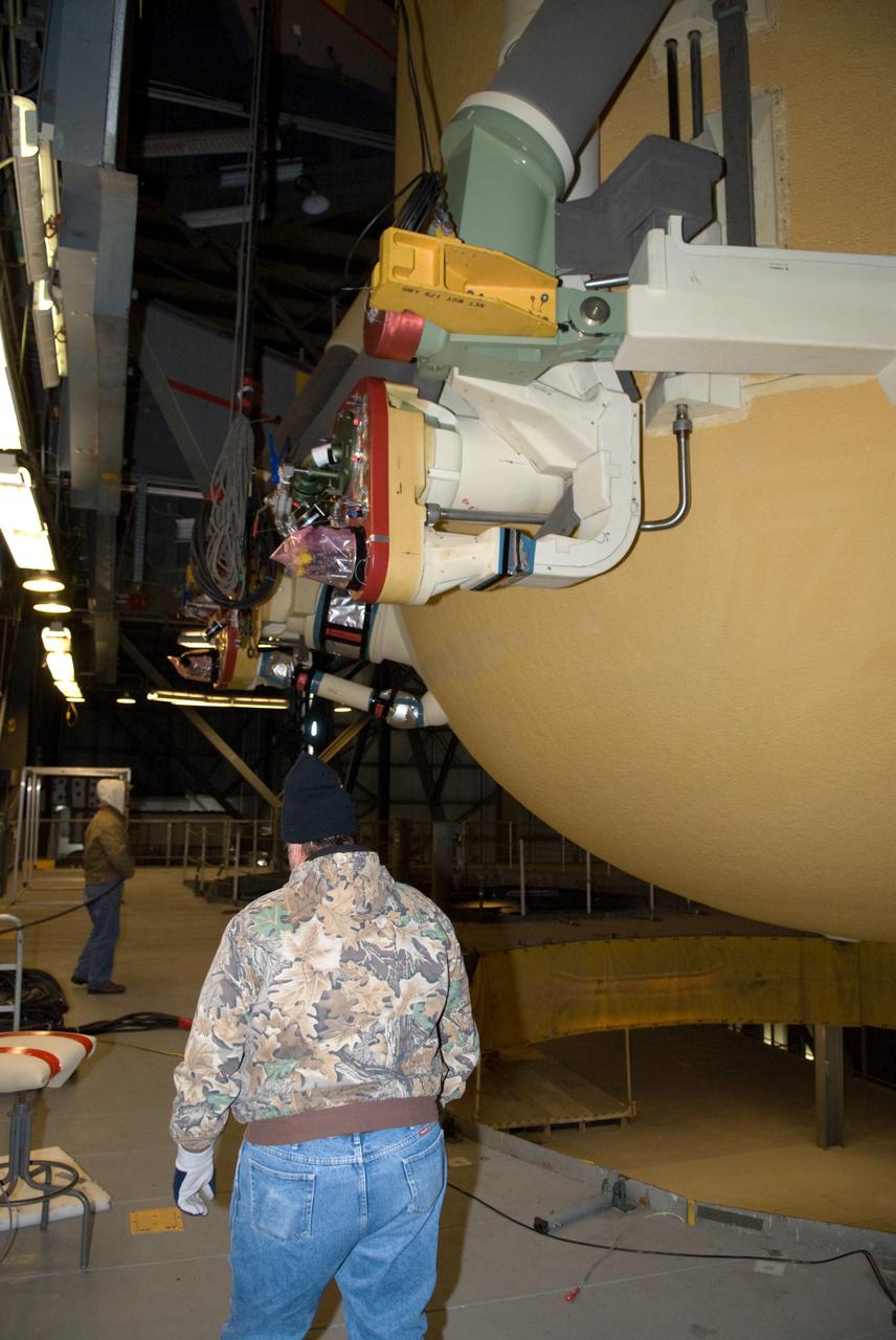 CAPE CANAVERAL, Fla. – In the Vehicle Assembly Building at NASA's Kennedy Space Center in Florida, the external fuel tank for space shuttle Discovery's STS-131 mission, ET-135, has arrived in its test cell. The tank was delivered to Kennedy aboard the Pegasus barge from NASA's Michoud Assembly Facility on Dec. 26. The tank will remain in the test cell until it is transferred into a high bay for mating with the twin solid rocket boosters that will be used on the mission. Launch of the STS-131 mission to the International Space Station is targeted for March 18. For information on the STS-131 mission and crew, visit http://www.nasa.gov/mission_pages/shuttle/shuttlemissions/sts131/index.html. Photo credit: NASA/Glenn Benson