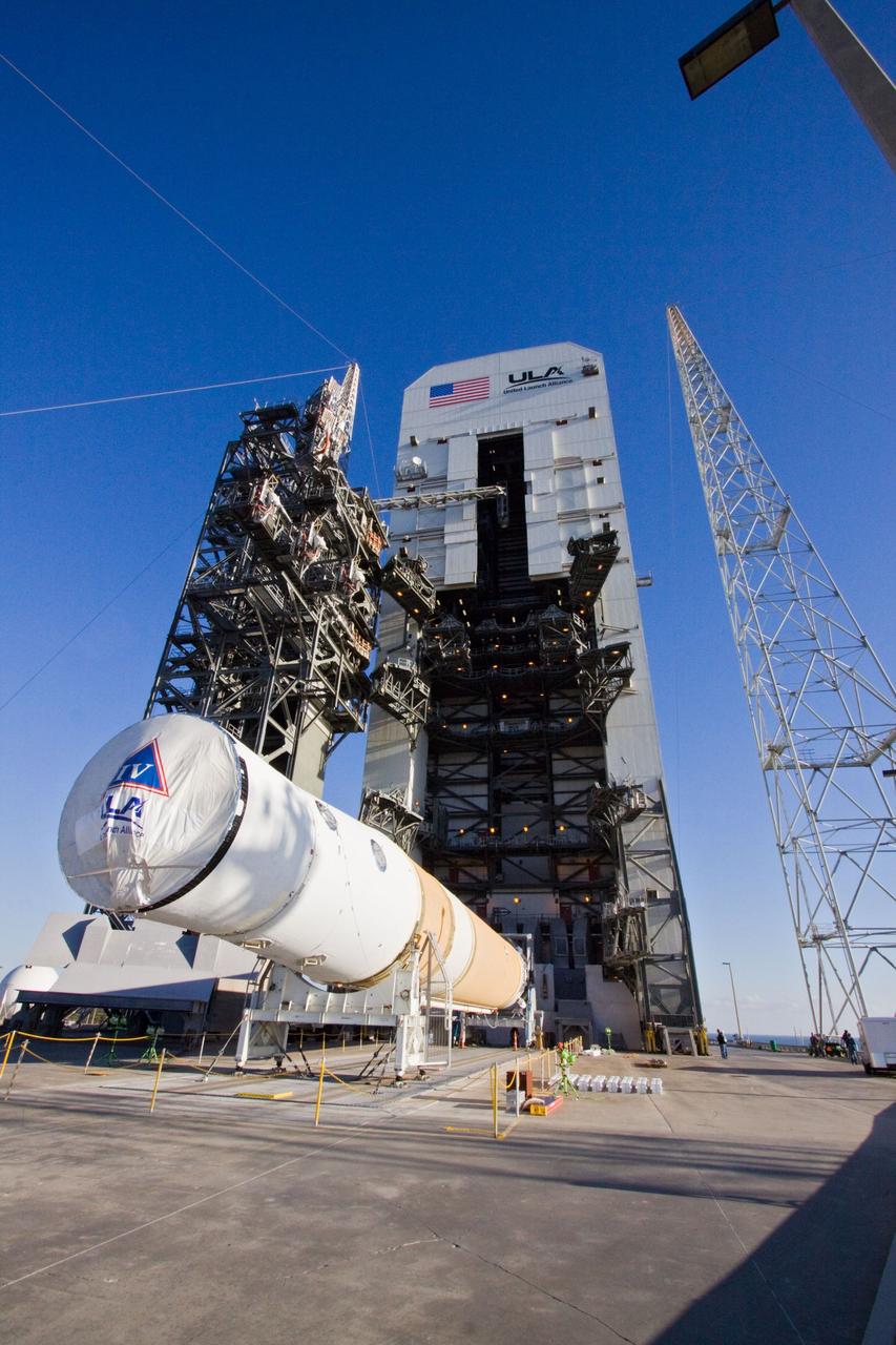 CAPE CANAVERAL, Fla. – At Launch Complex 37 on Cape Canaveral Air Force Station in Florida, preparations are under way to lift the core stage of a Delta IV rocket into the mobile service tower.    The rocket's first stage mated to its second stage comprise the core stage. The rocket is slated to launch GOES-P, the latest Geostationary Operational Environmental Satellite developed by NASA for the National Oceanic and Atmospheric Administration, or NOAA. The Delta IV rocket will be launched by United Launch Alliance for Boeing Launch Services under an FAA commercial license.  Launch is targeted for no earlier than March 1.  For information on GOES-P, visit http://goespoes.gsfc.nasa.gov/goes/spacecraft/n_p_spacecraft.html. Photo credit: NASA/Jack Pfaller